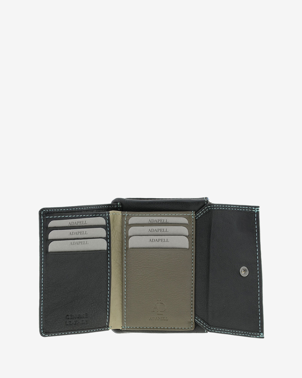 Cartera pequeña de mujer 4165 en negro, interior abierto con ranuras para tarjetas y compartimento central