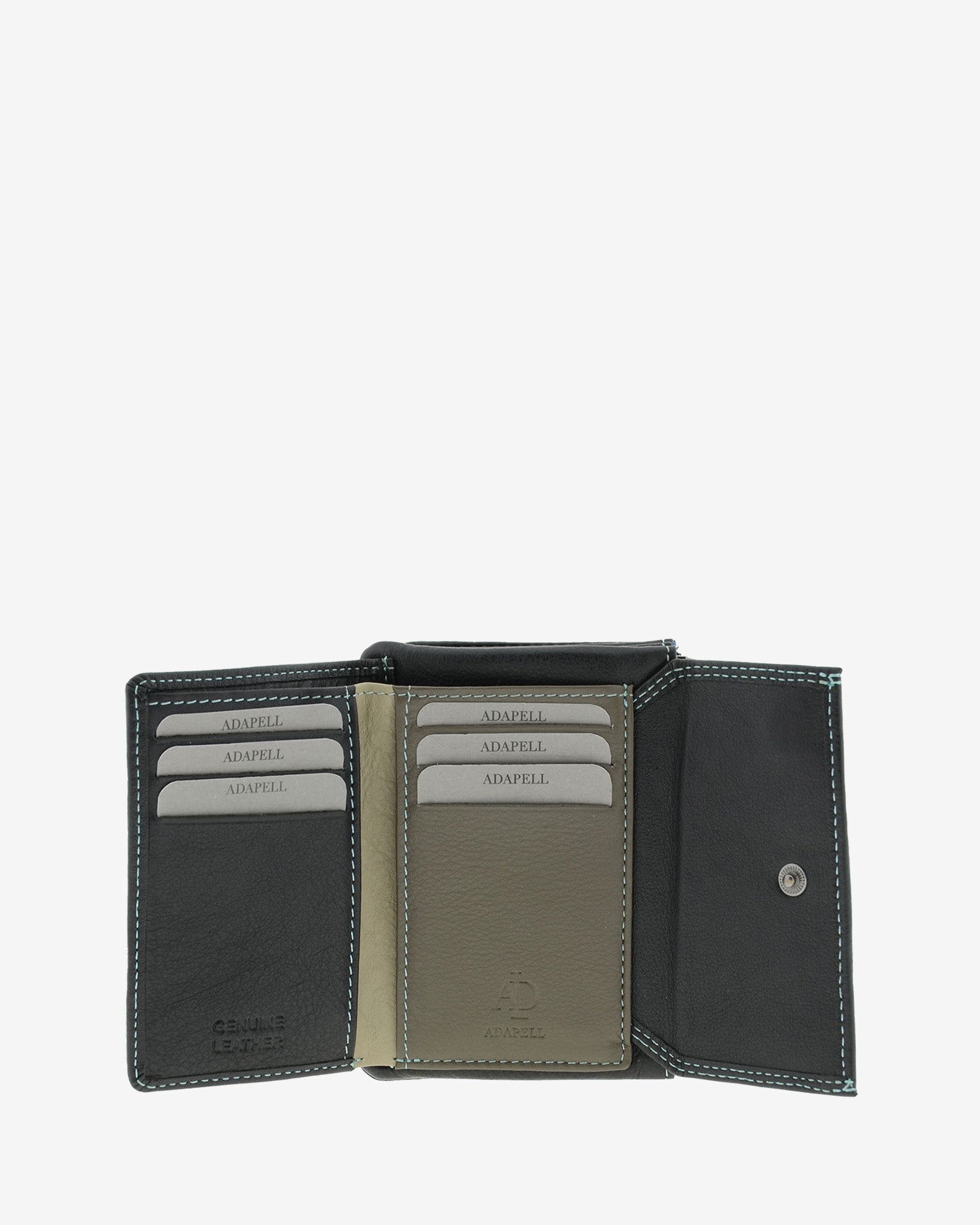 Cartera pequeña de mujer 4165 en negro, interior abierto con ranuras para tarjetas y compartimento central