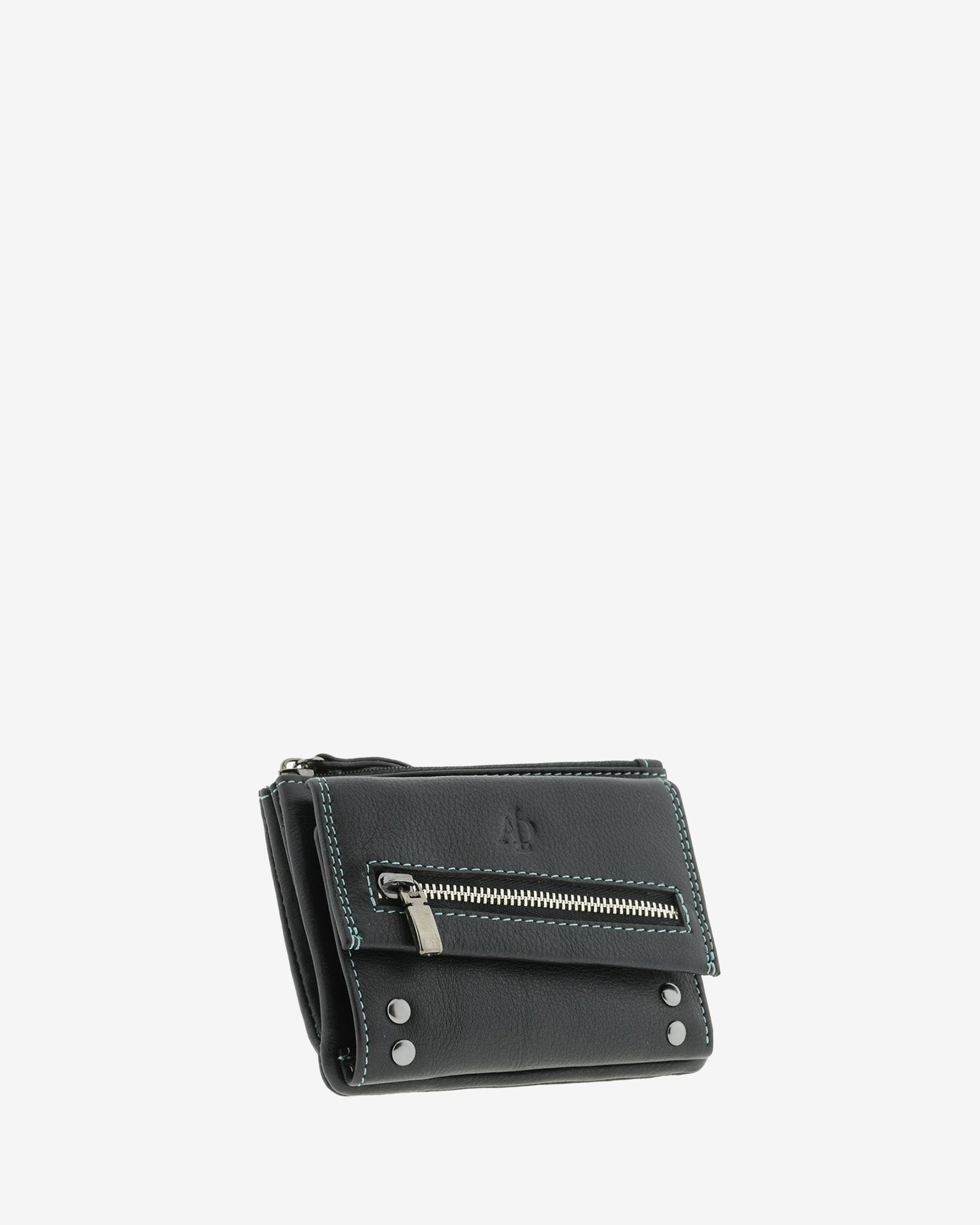 Cartera pequeña de mujer 4165 en negro, vista tres cuartos frontal con bolsillo exterior de cremallera