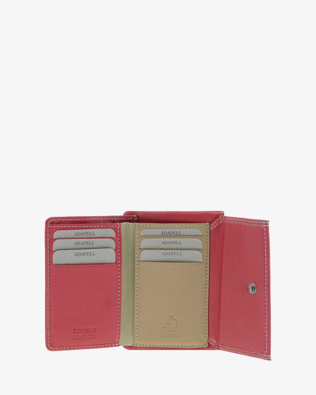 Cartera pequeña de mujer 4165 en rojo, interior abierto con ranuras para tarjetas y compartimento central