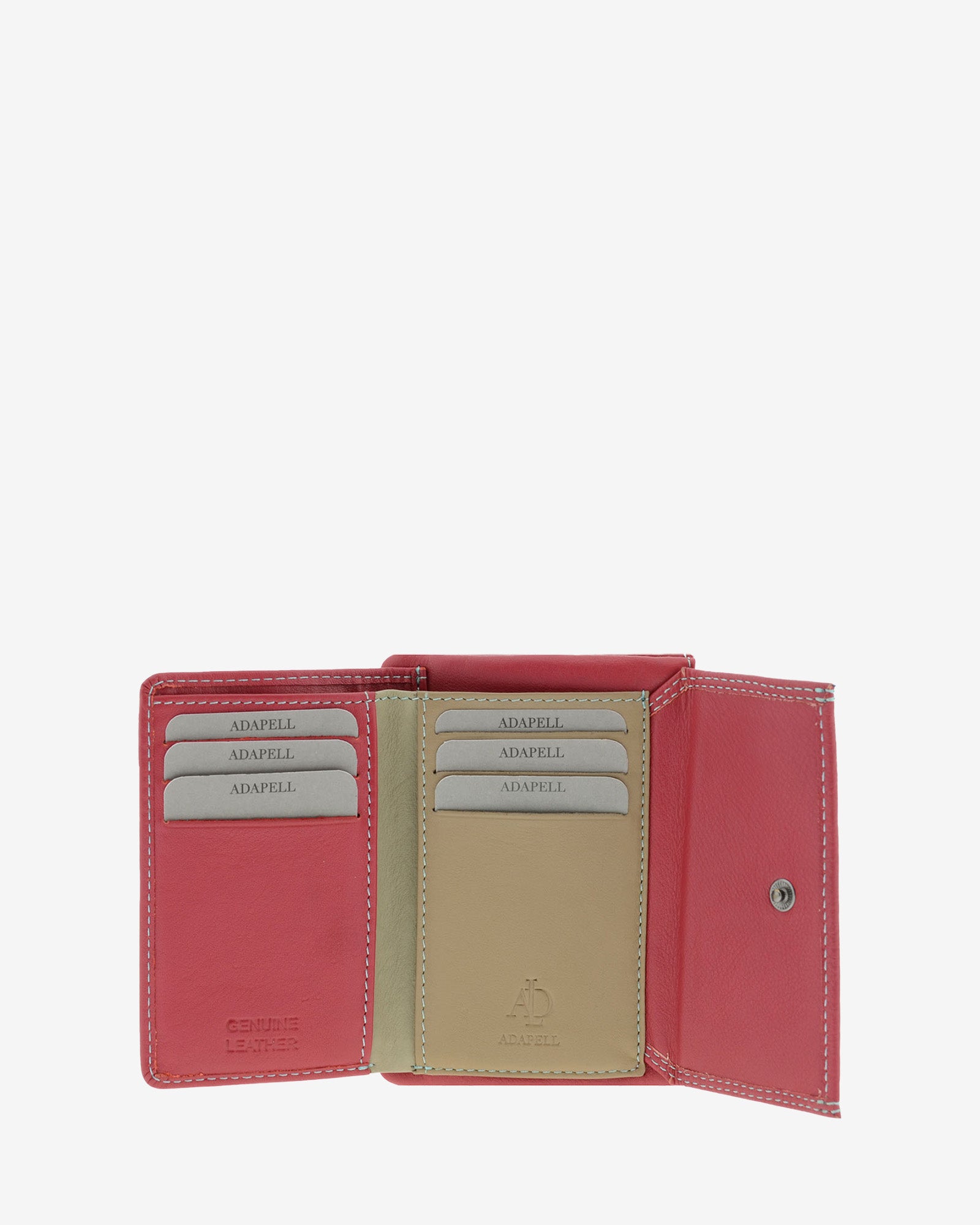 Cartera pequeña de mujer 4165 en rojo, interior abierto con ranuras para tarjetas y compartimento central