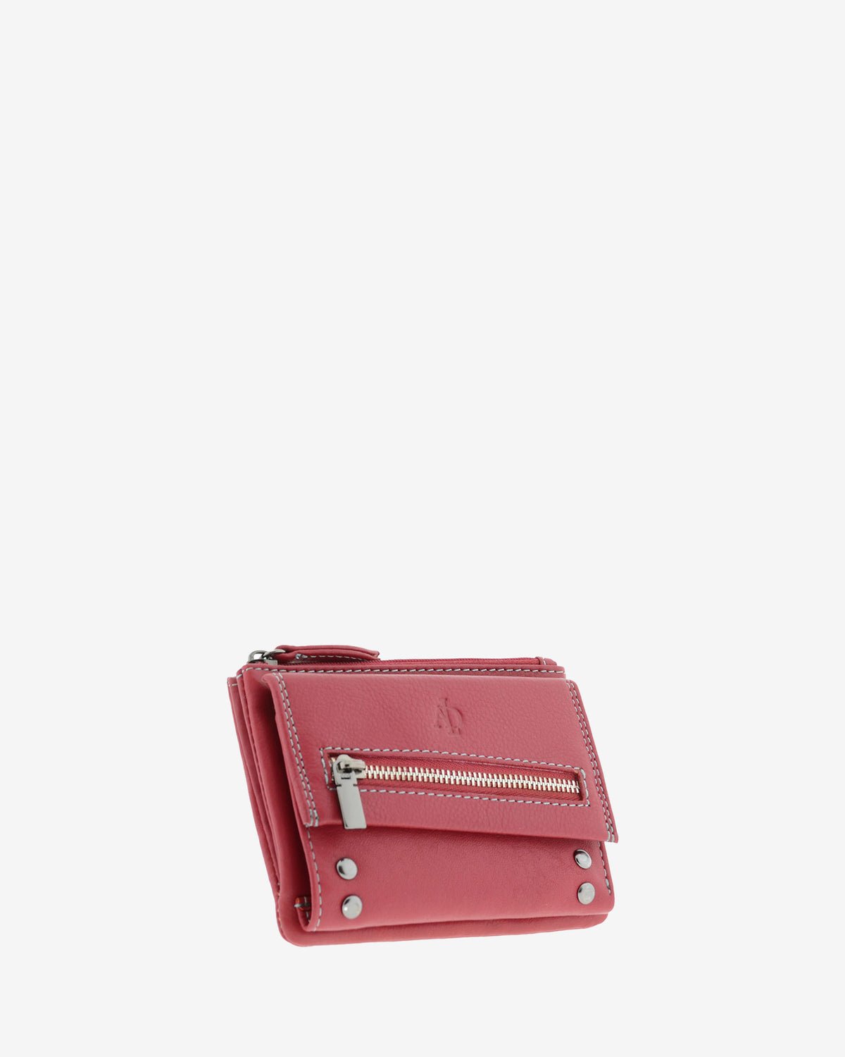 Cartera pequeña de mujer 4165 en rojo, vista tres cuartos frontal con bolsillo exterior de cremallera