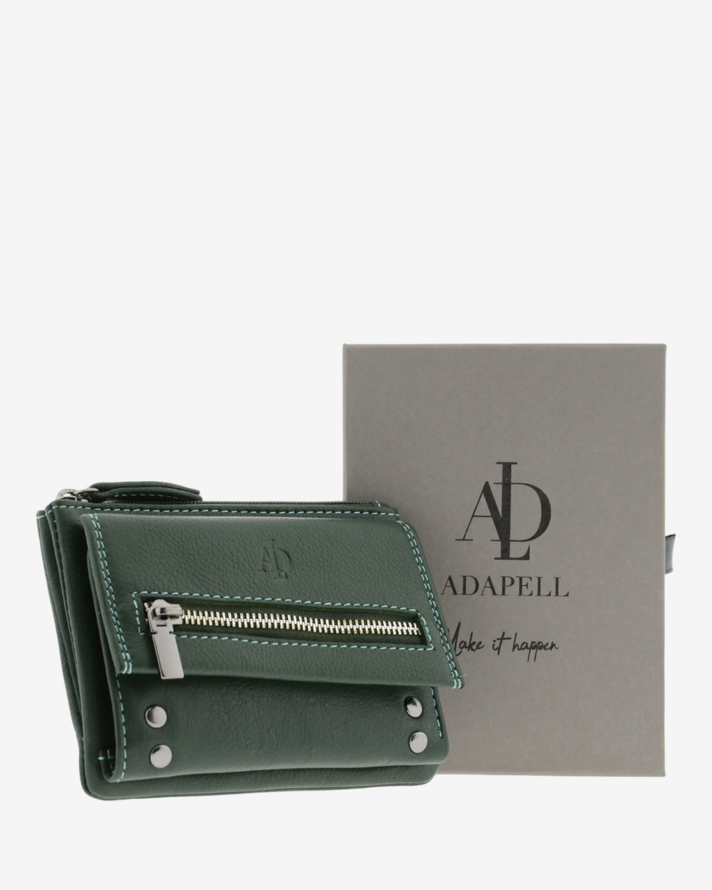 Cartera pequeña de mujer 4165 en verde junto a caja Adapell