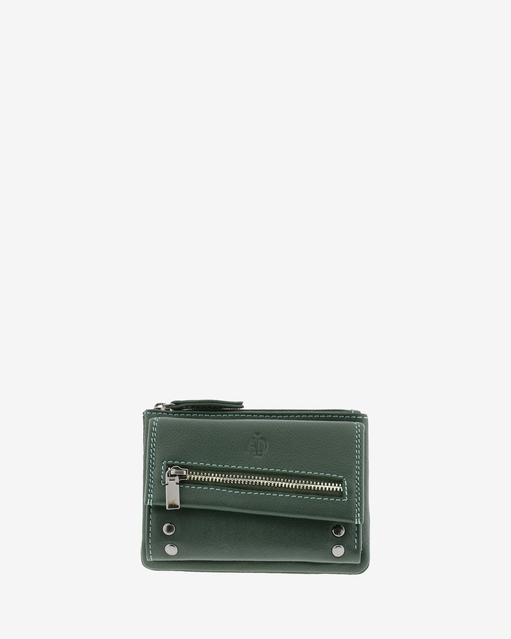 Cartera pequeña de mujer 4165 en verde, vista frontal con bolsillo exterior de cremallera