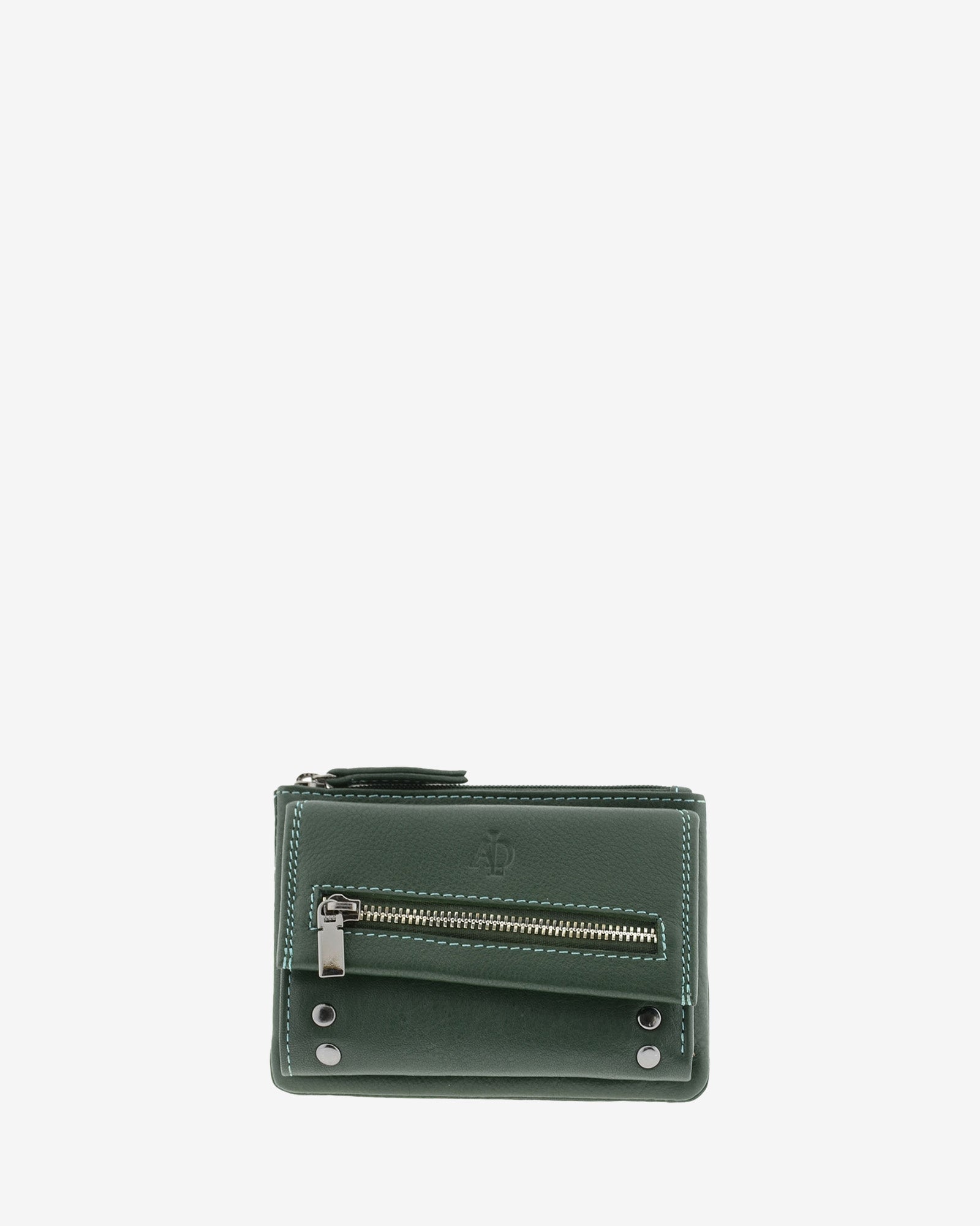 Cartera pequeña de mujer 4165 en verde, vista frontal con bolsillo exterior de cremallera
