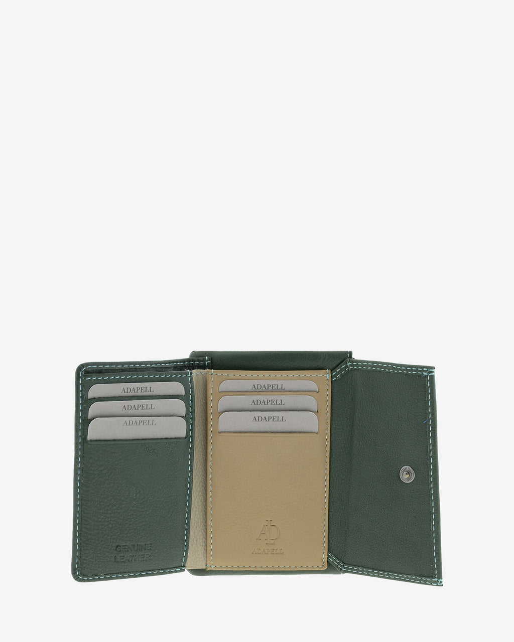 Cartera pequeña de mujer 4165 en verde, interior abierto con ranuras para tarjetas y compartimento central