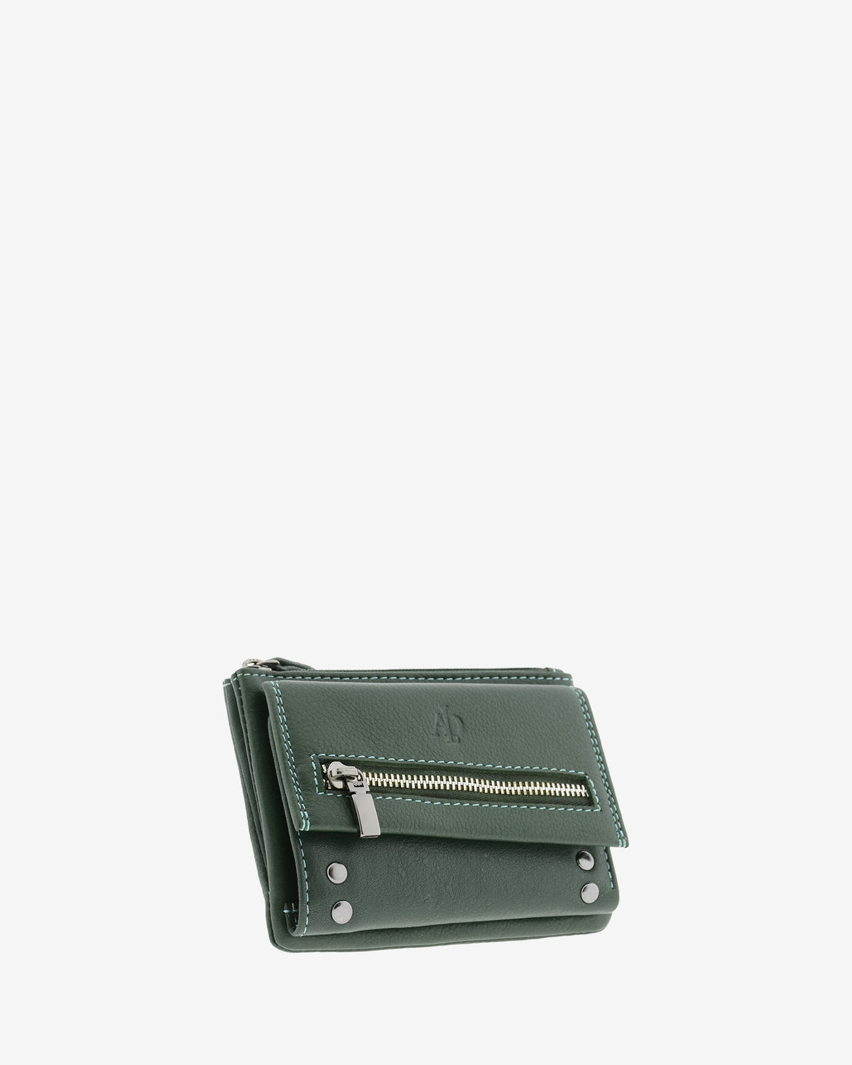Cartera pequeña de mujer 4165 en verde, vista tres cuartos frontal con bolsillo exterior de cremallera