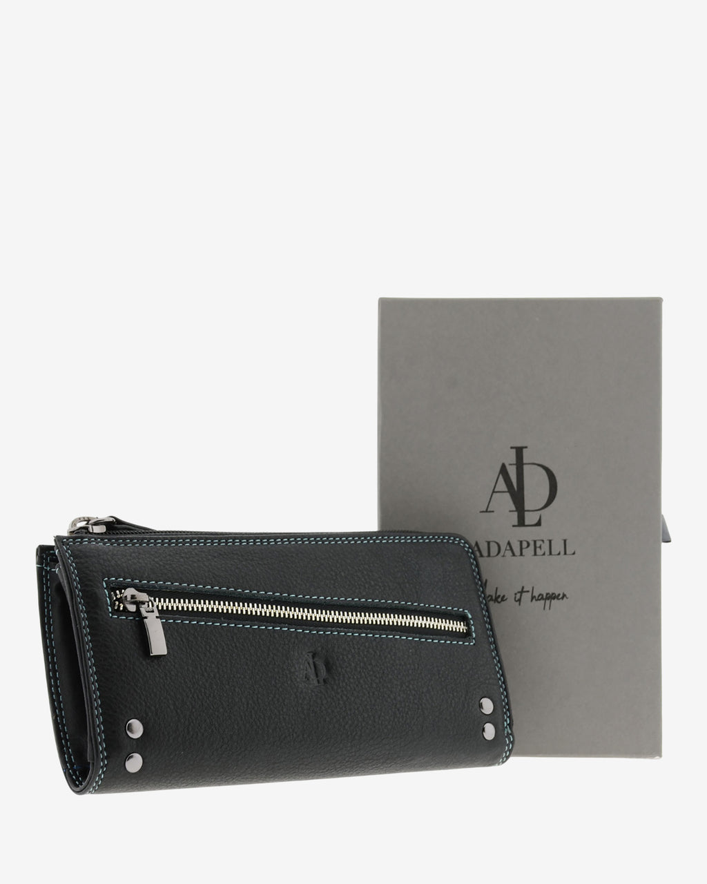 Cartera grande de mujer Adapell 4166 en color negro junto a su caja de presentacion
