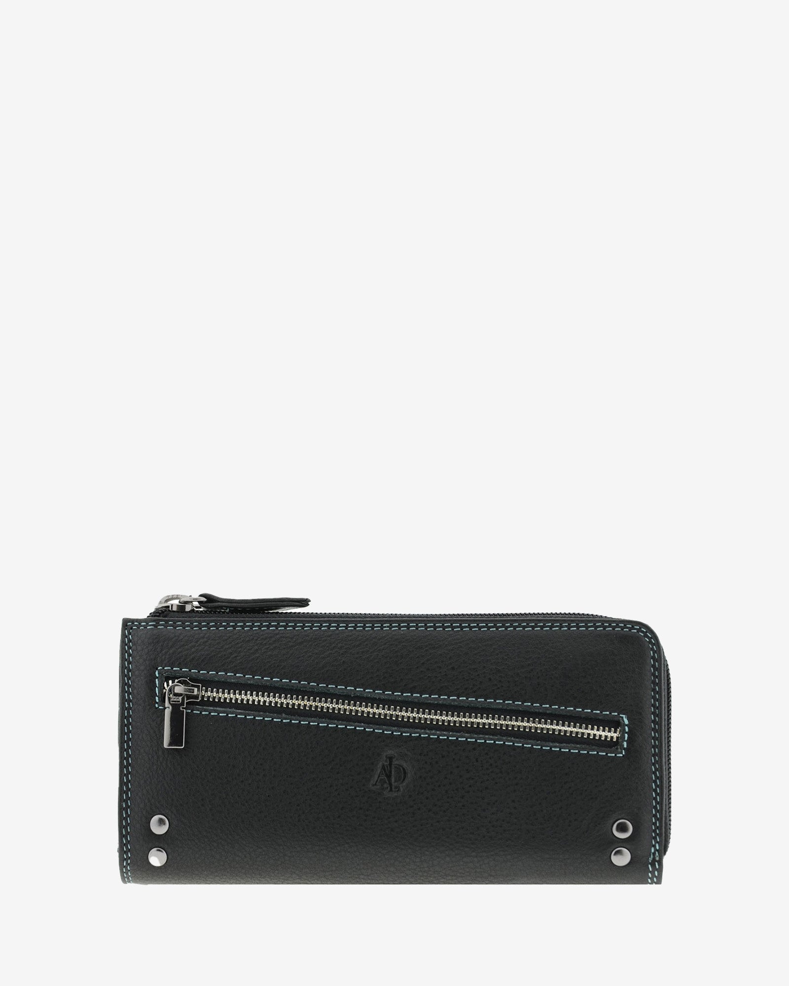 Cartera grande de mujer Adapell 4166 en color negro, vista frontal con cremallera diagonal y detalles metalicos