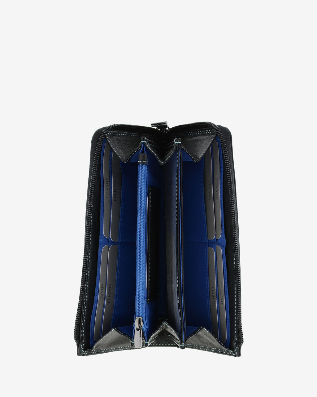 Cartera grande de mujer Adapell 4166 en color negro, vista interior abierta con compartimentos, tarjeteros y bolsillo central con cremallera