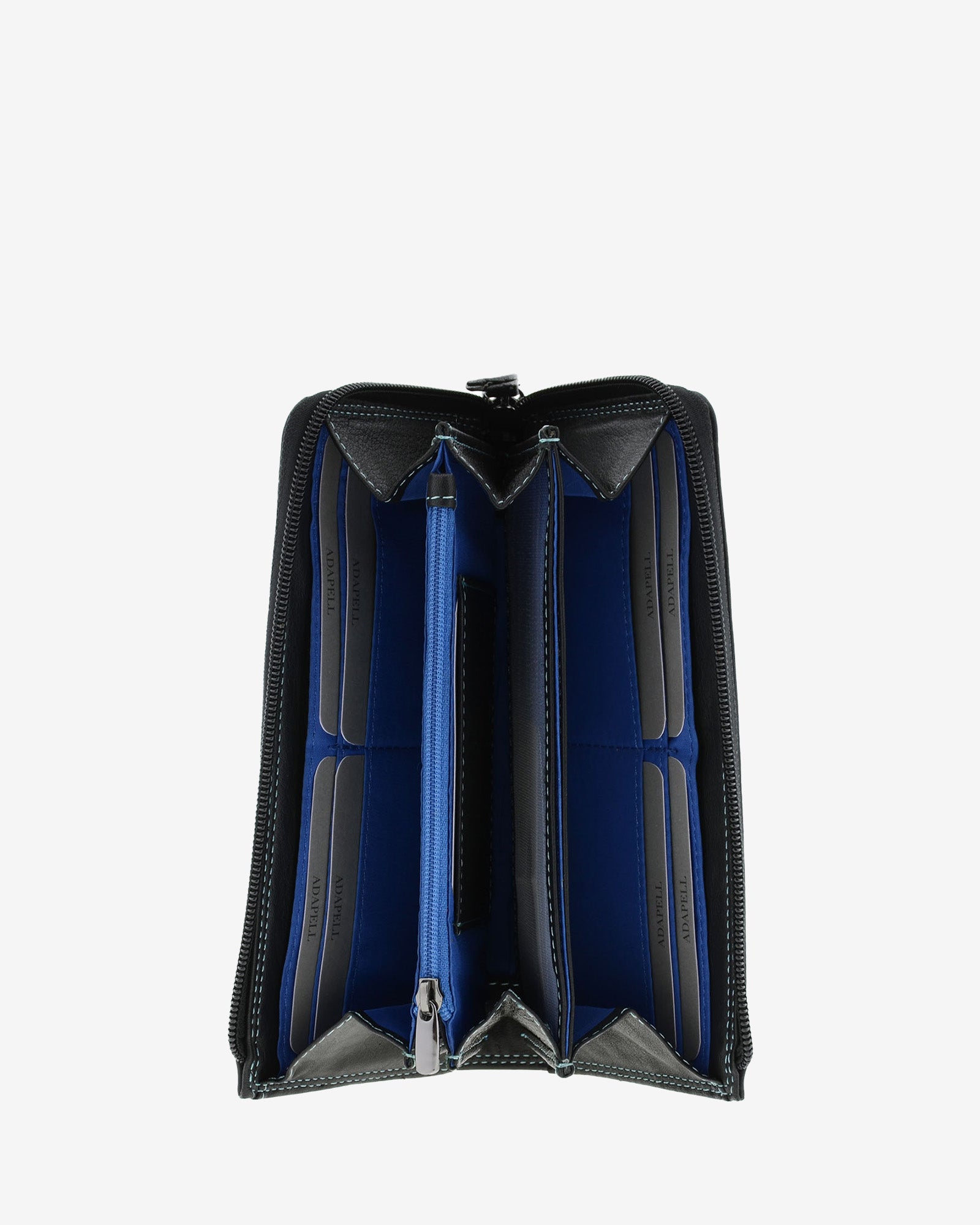 Cartera grande de mujer Adapell 4166 en color negro, vista interior abierta con compartimentos, tarjeteros y bolsillo central con cremallera