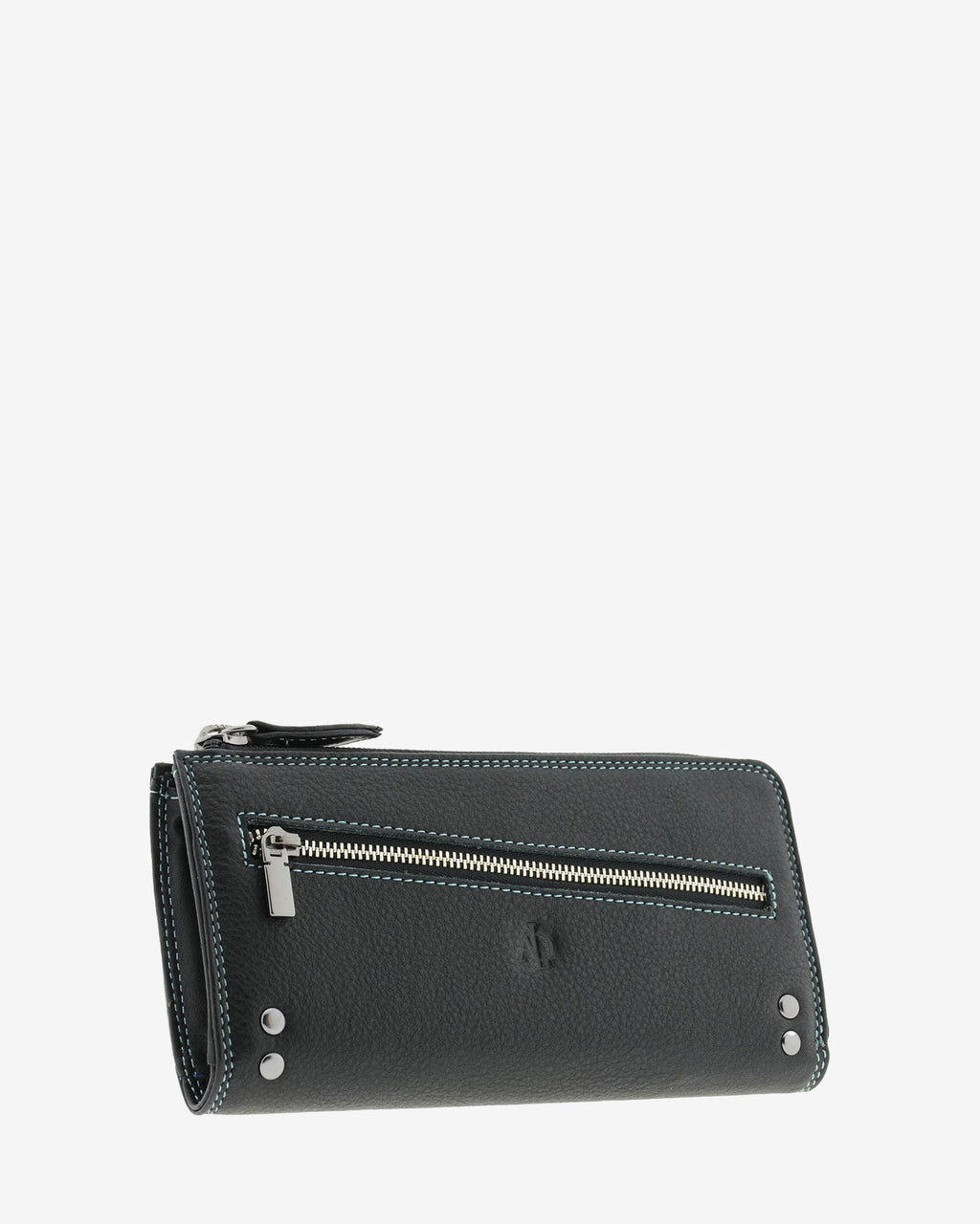 Cartera grande de mujer Adapell 4166 en color negro, vista tres cuartos frontal con cremallera diagonal y detalles metalicos
