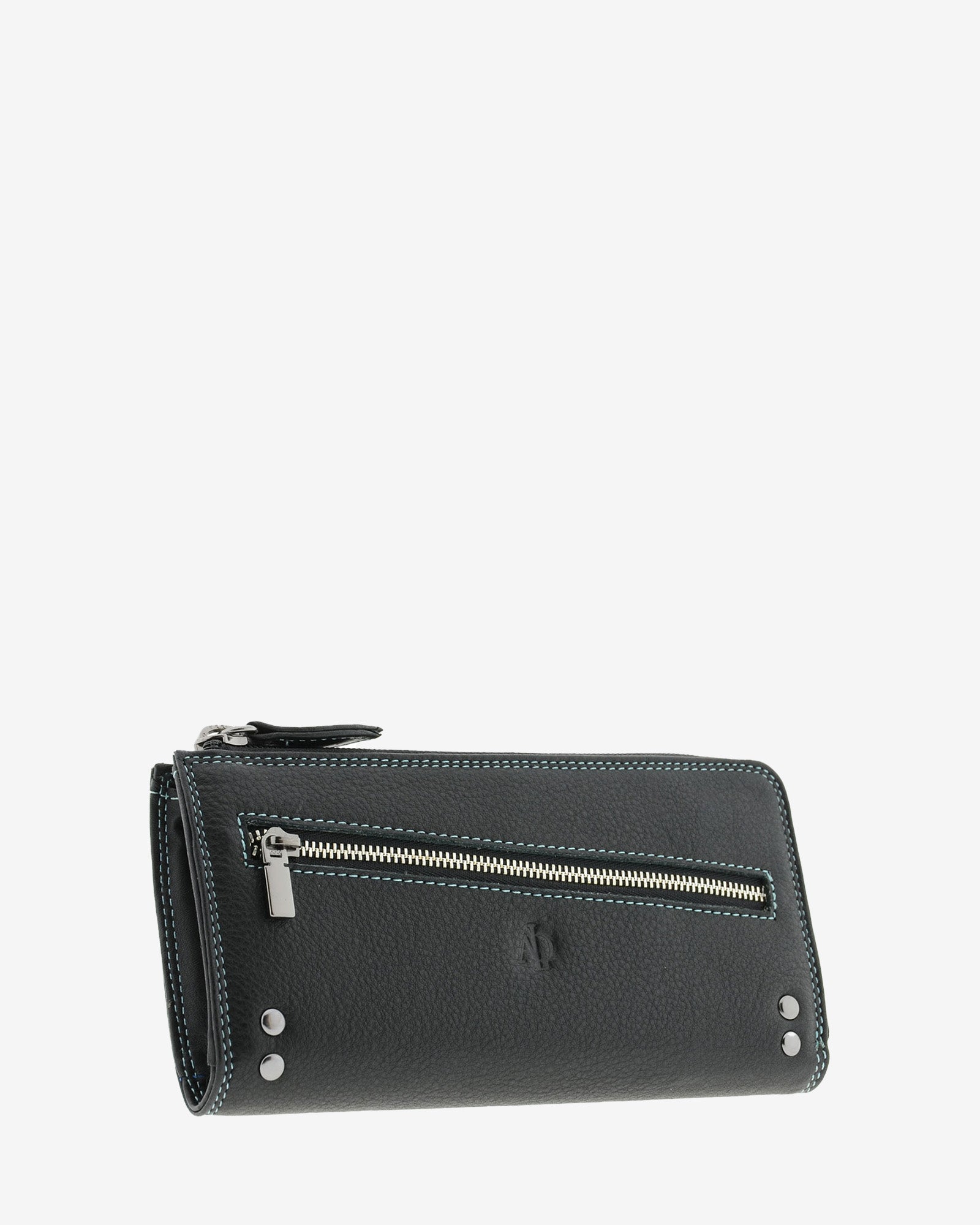 Cartera grande de mujer Adapell 4166 en color negro, vista tres cuartos frontal con cremallera diagonal y detalles metalicos