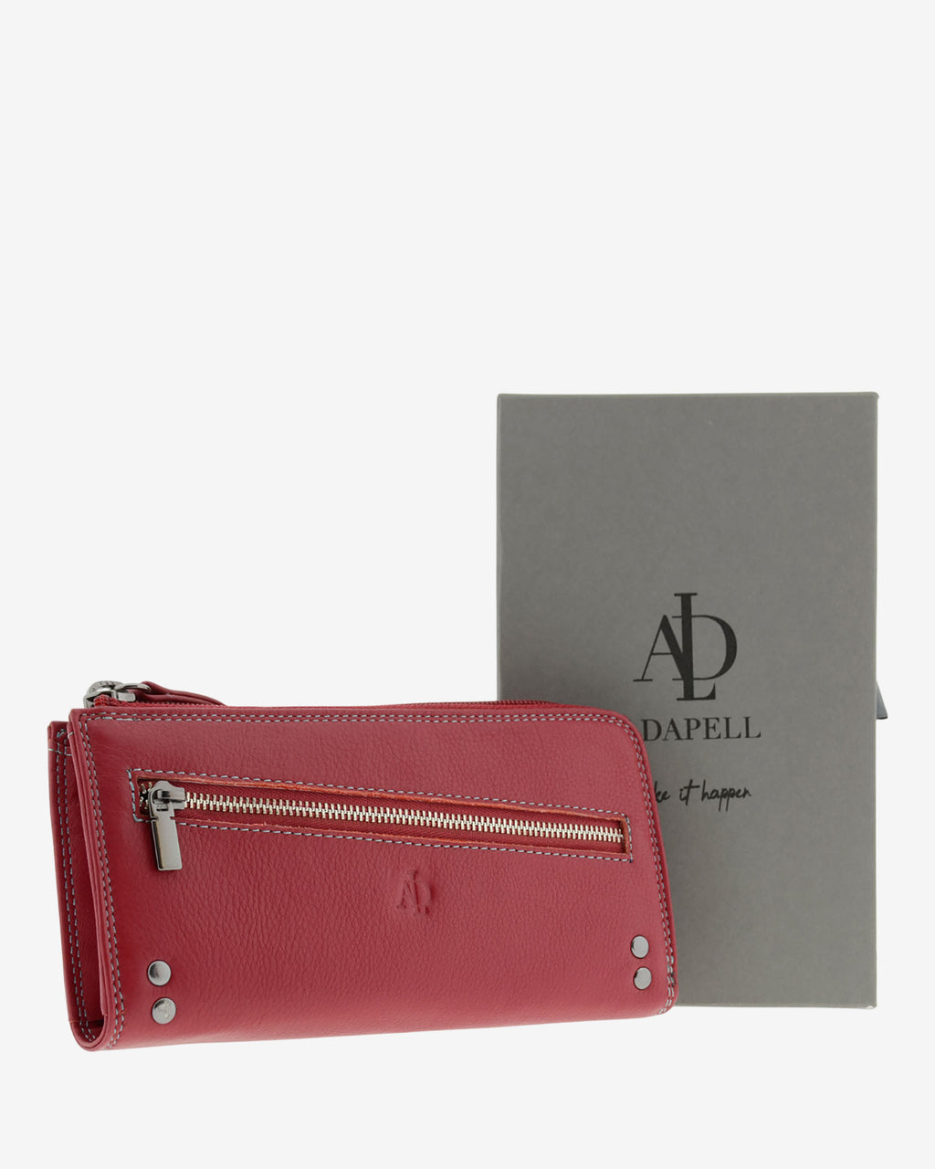 Cartera grande de mujer Adapell 4166 en color rojo junto a su caja de presentacion