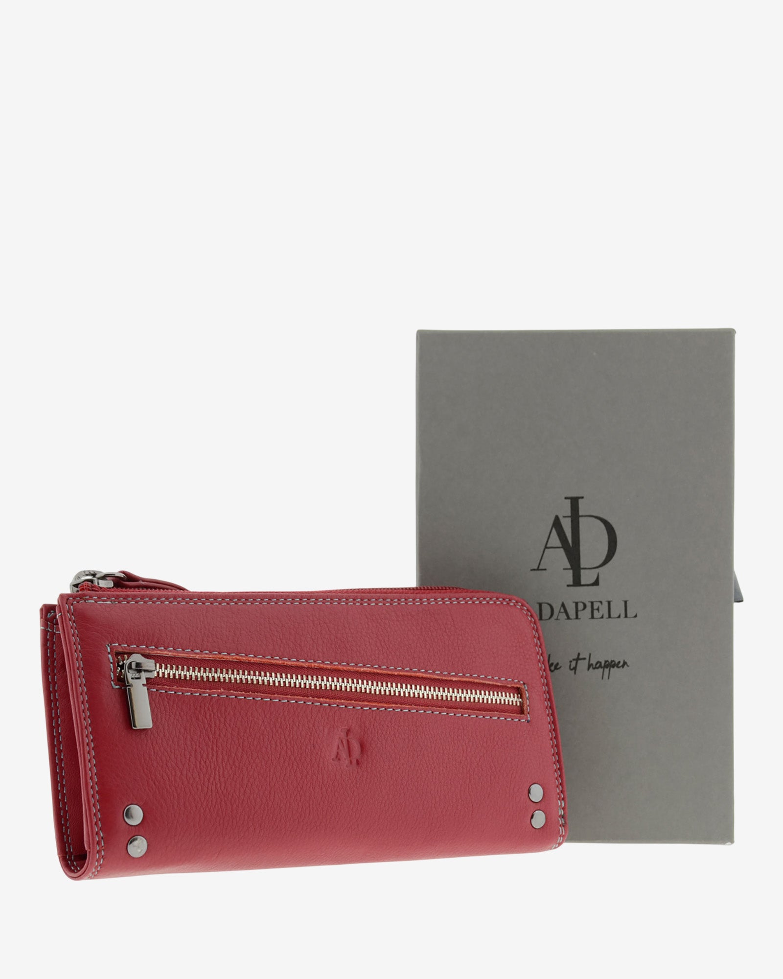 Cartera grande de mujer Adapell 4166 en color rojo junto a su caja de presentacion