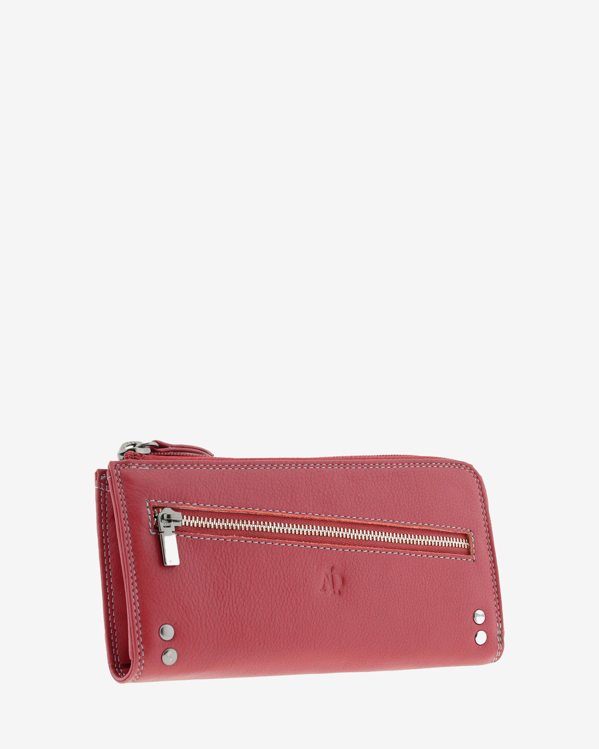 Cartera grande de mujer Adapell 4166 en color rojo, vista tres cuartos frontal con cremallera diagonal y detalles metalicos