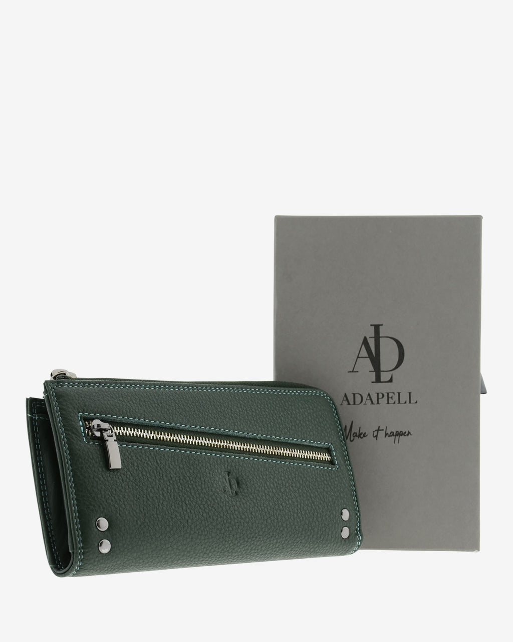 Cartera grande de mujer Adapell 4166 en color verde junto a su caja de presentacion