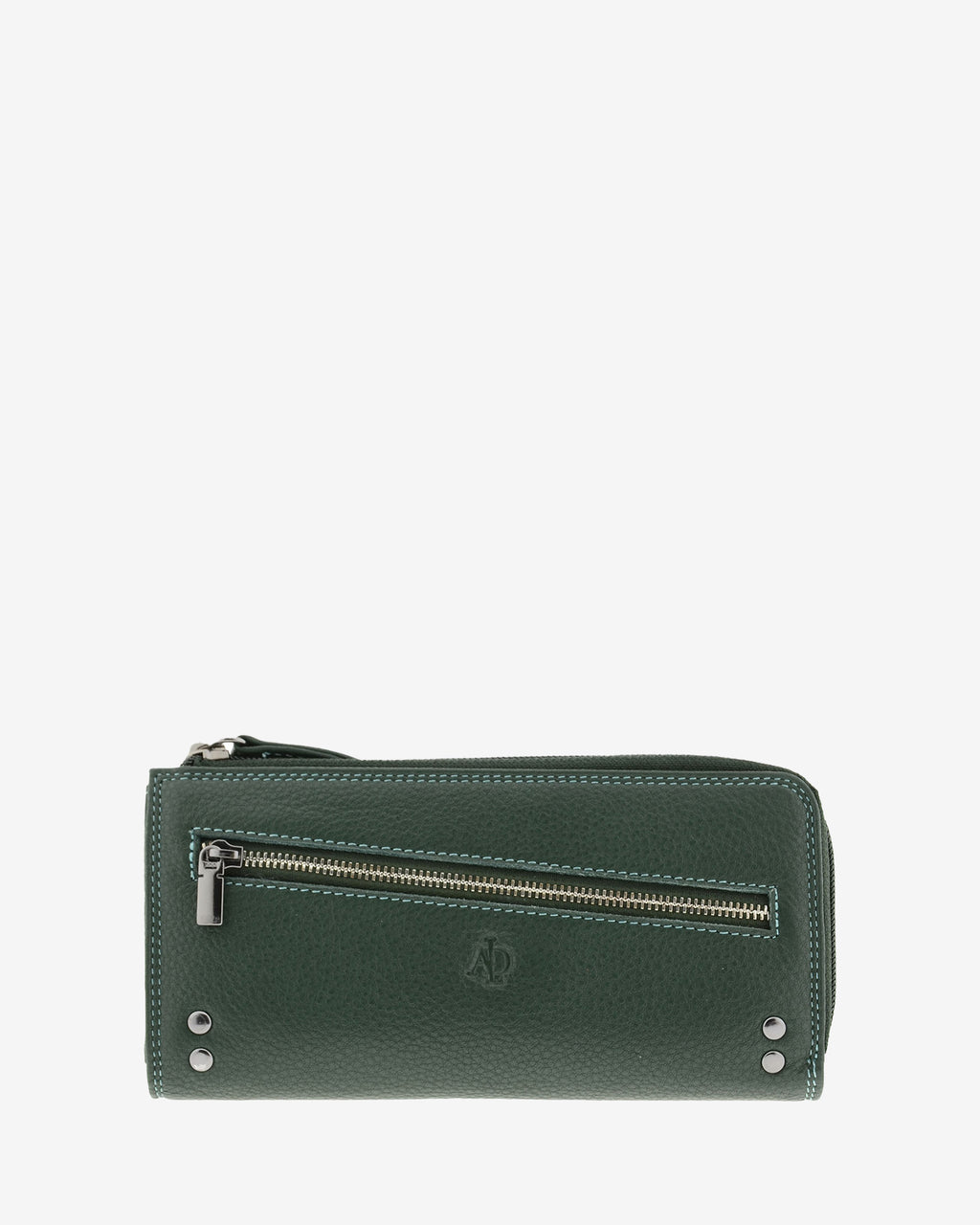 Cartera grande de mujer Adapell 4166 en color verde, vista frontal con cremallera diagonal y detalles metalicos