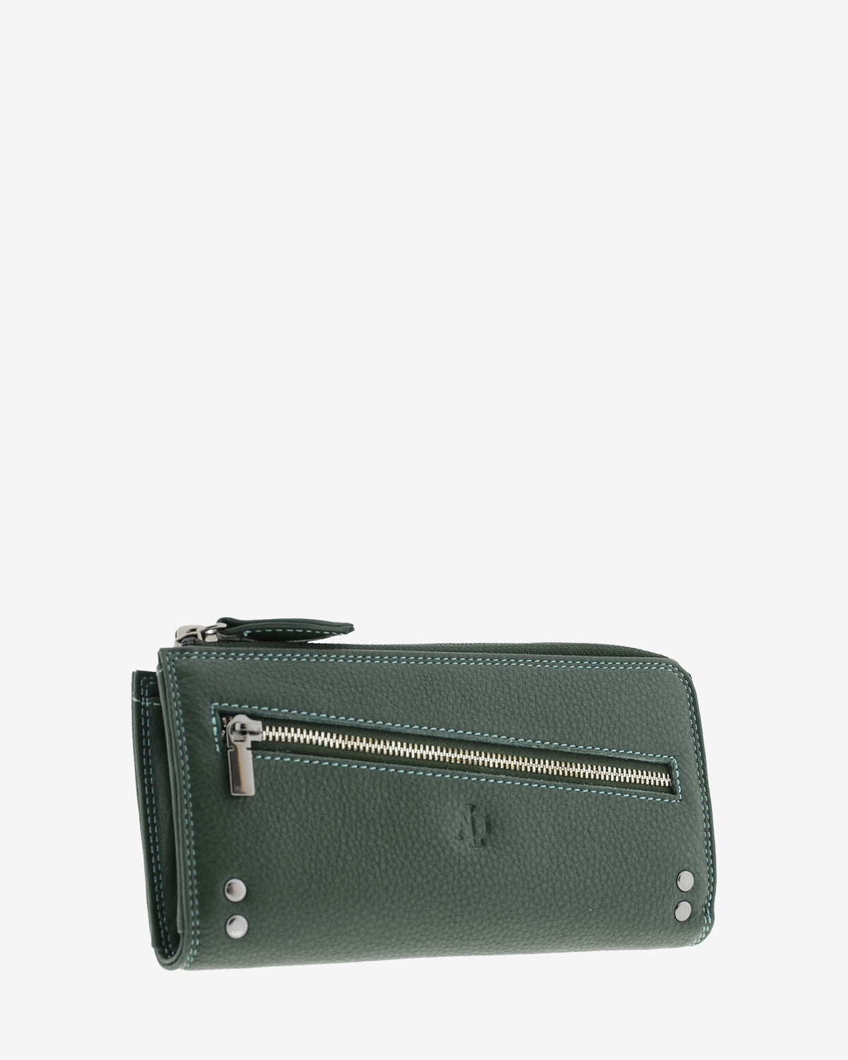 Cartera grande de mujer Adapell 4166 en color verde, vista tres cuartos frontal con cremallera diagonal y detalles metalicos