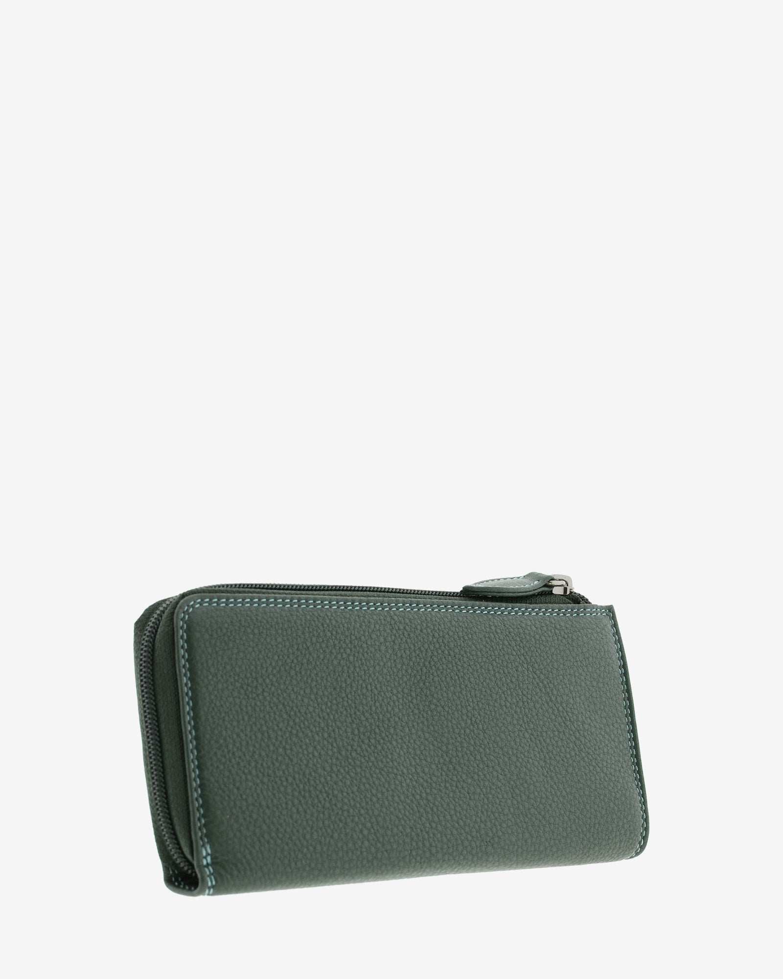 Cartera grande de mujer Adapell 4166 en color verde, vista tres cuartos posterior izquierda mostrando cremallera