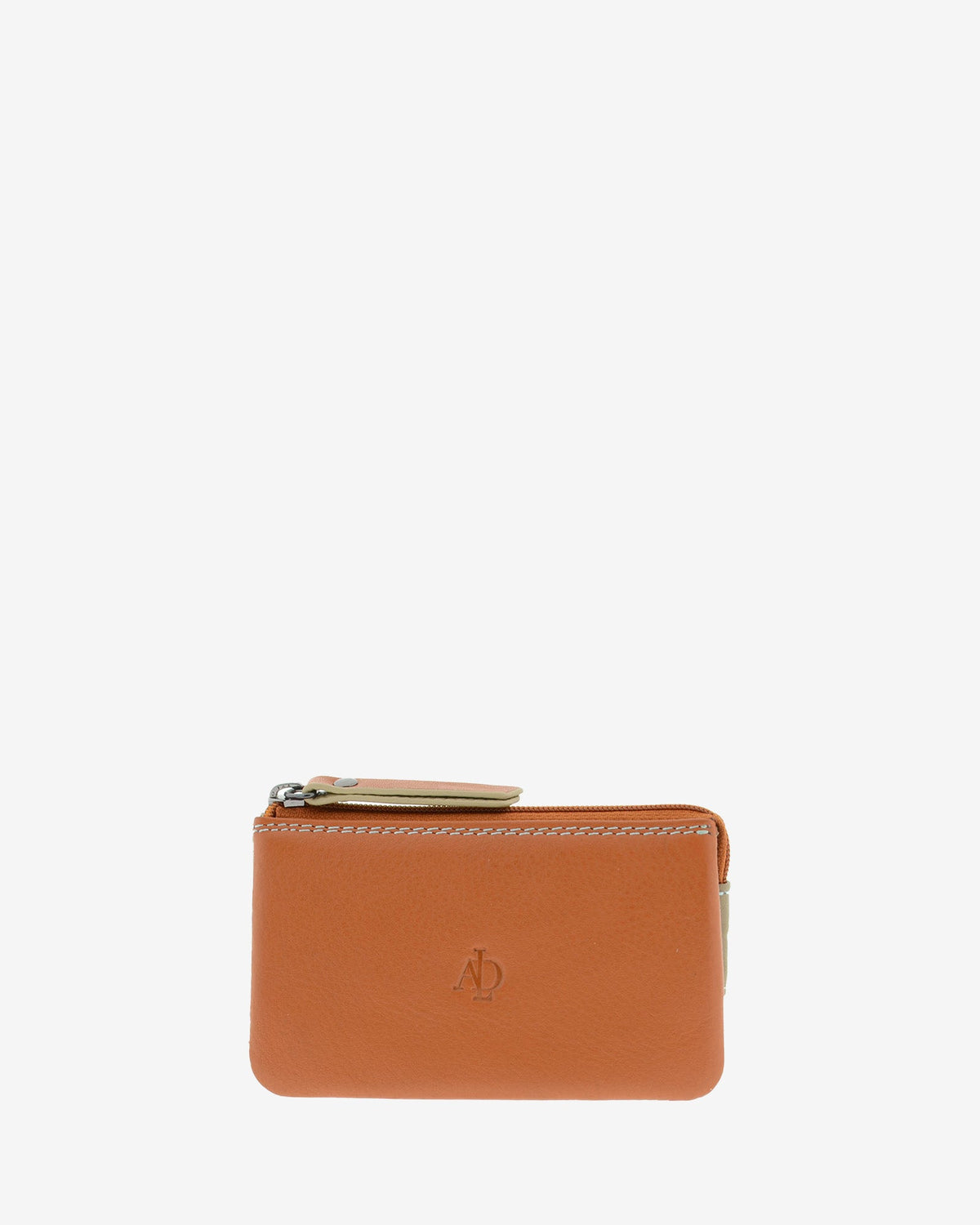 Monedero tarjetero multicompartimento 4192 en color mango, vista frontal con cremallera y logo grabado