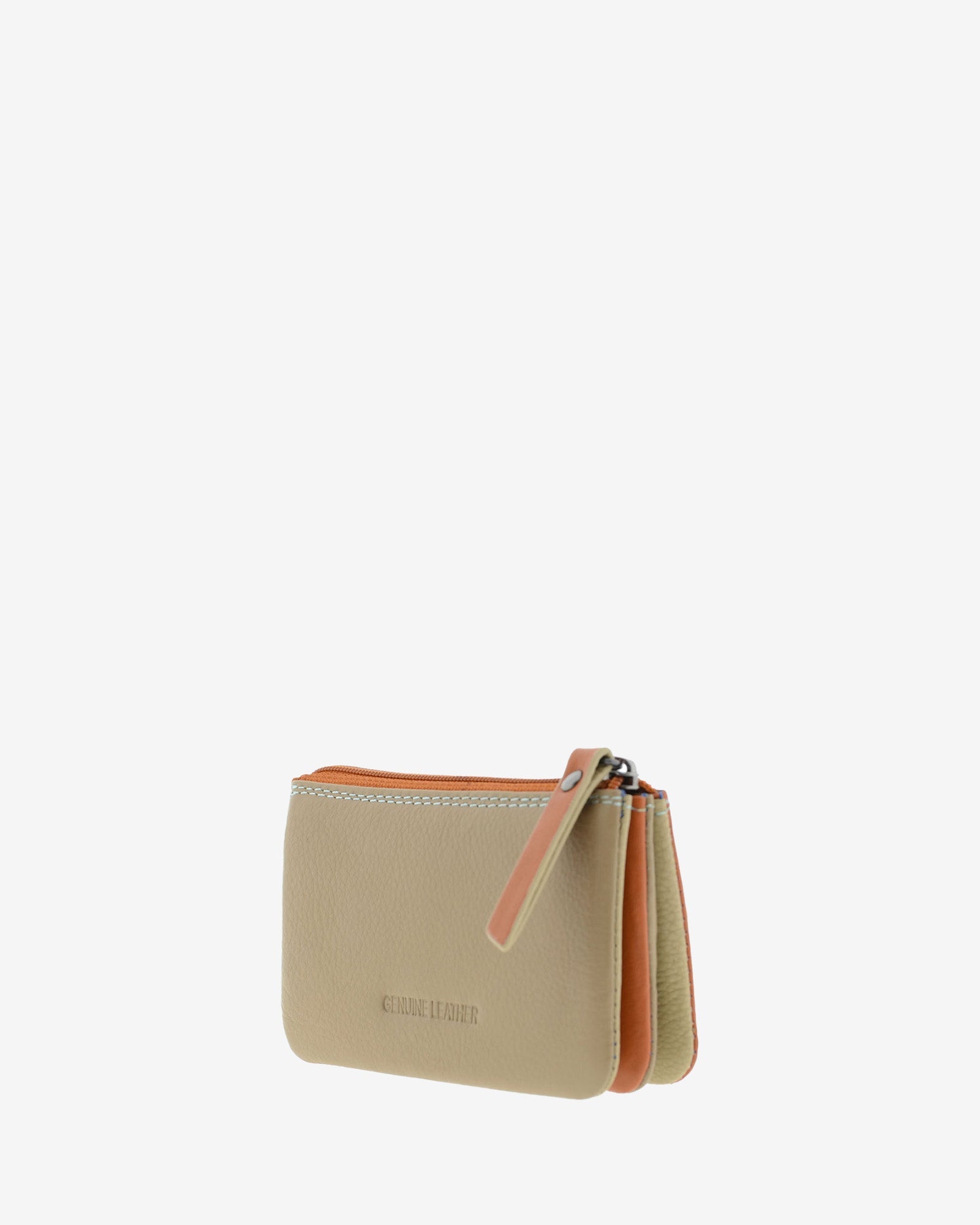 Monedero tarjetero multicompartimento 4192 en color mango, vista tres cuartos posterior con cremallera y varios compartimentos visibles