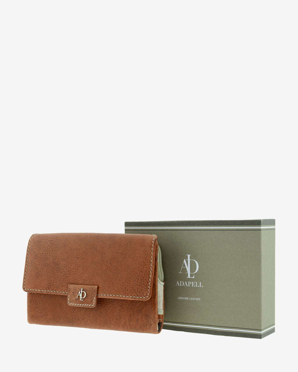 Cartera grande 4231 en color marrón, vista frontal junto a caja Adapell