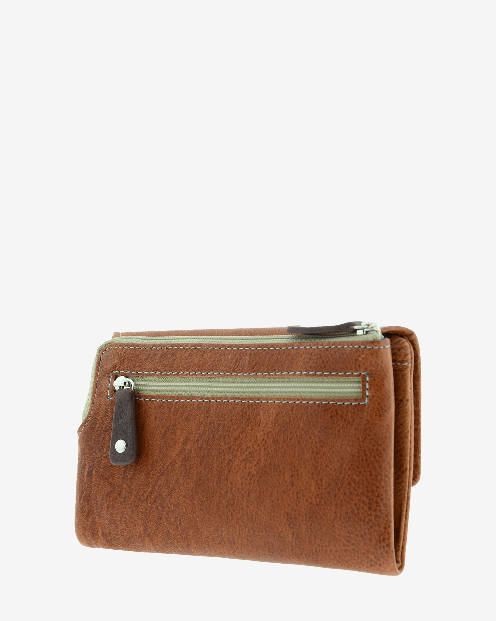 Cartera grande 4231 en color marrón, vista posterior con bolsillo exterior de cremallera