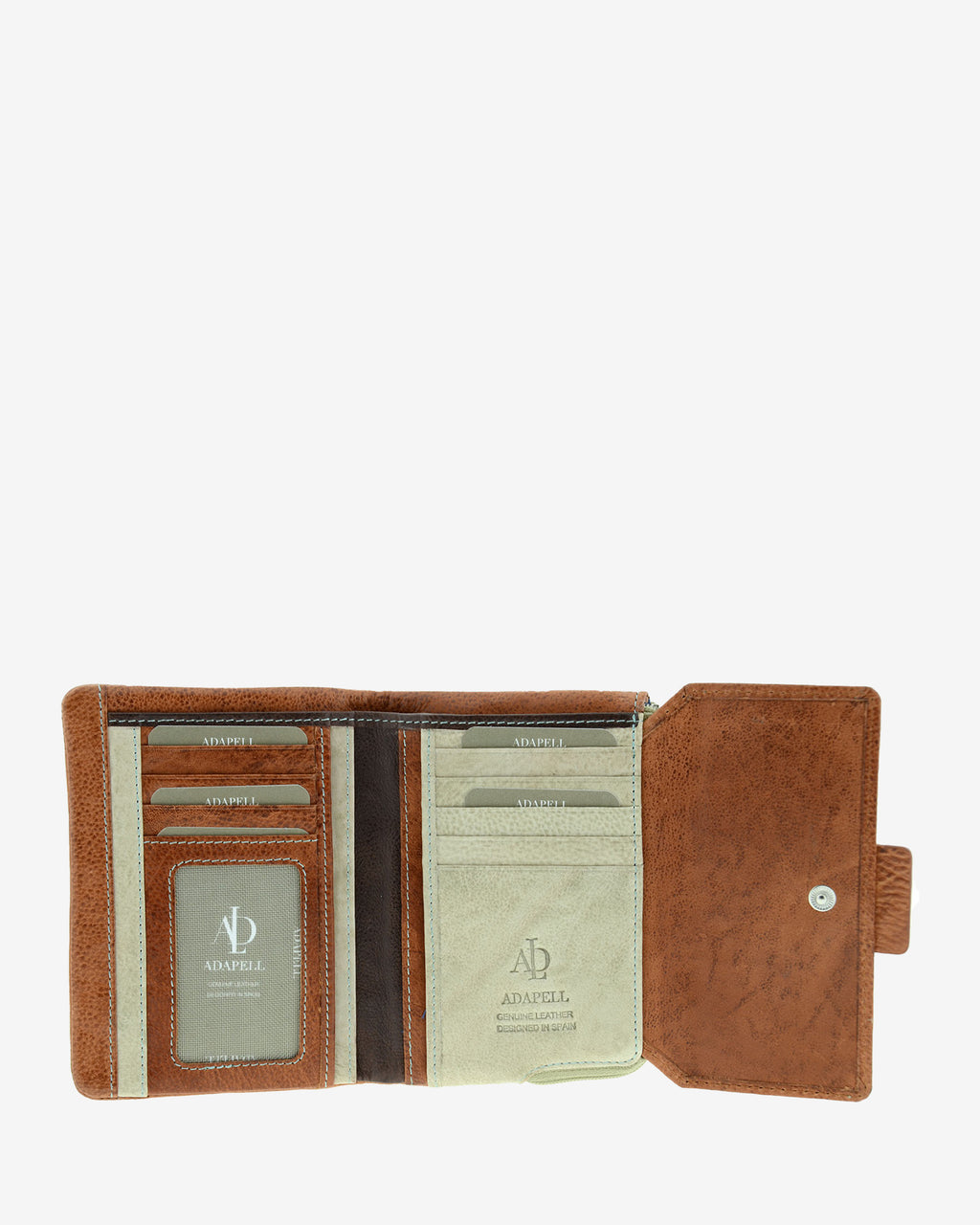 Cartera pequeña 4232 en color marrón, interior abierto con ranuras para tarjetas y ventana ID