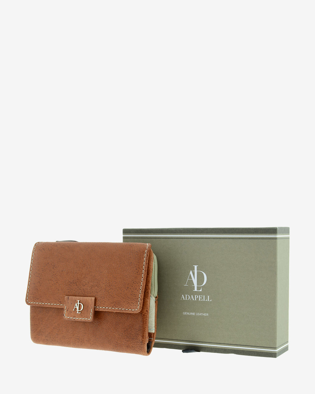 Cartera pequeña 4232 en color marrón, vista frontal junto a caja Adapell
