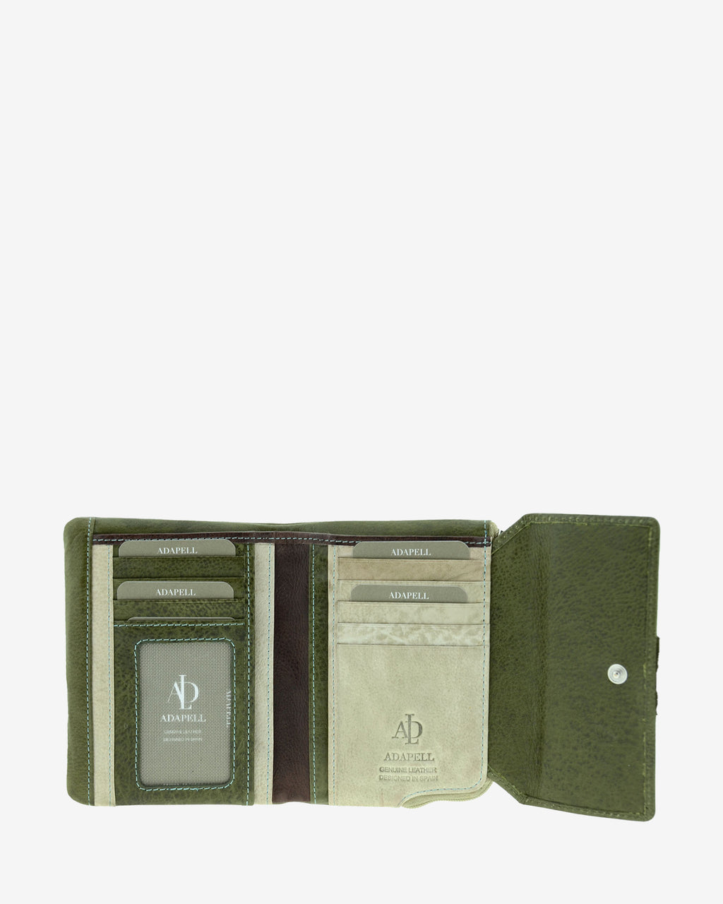 Cartera pequeña 4232 en color verde, interior abierto con ranuras para tarjetas y ventana ID