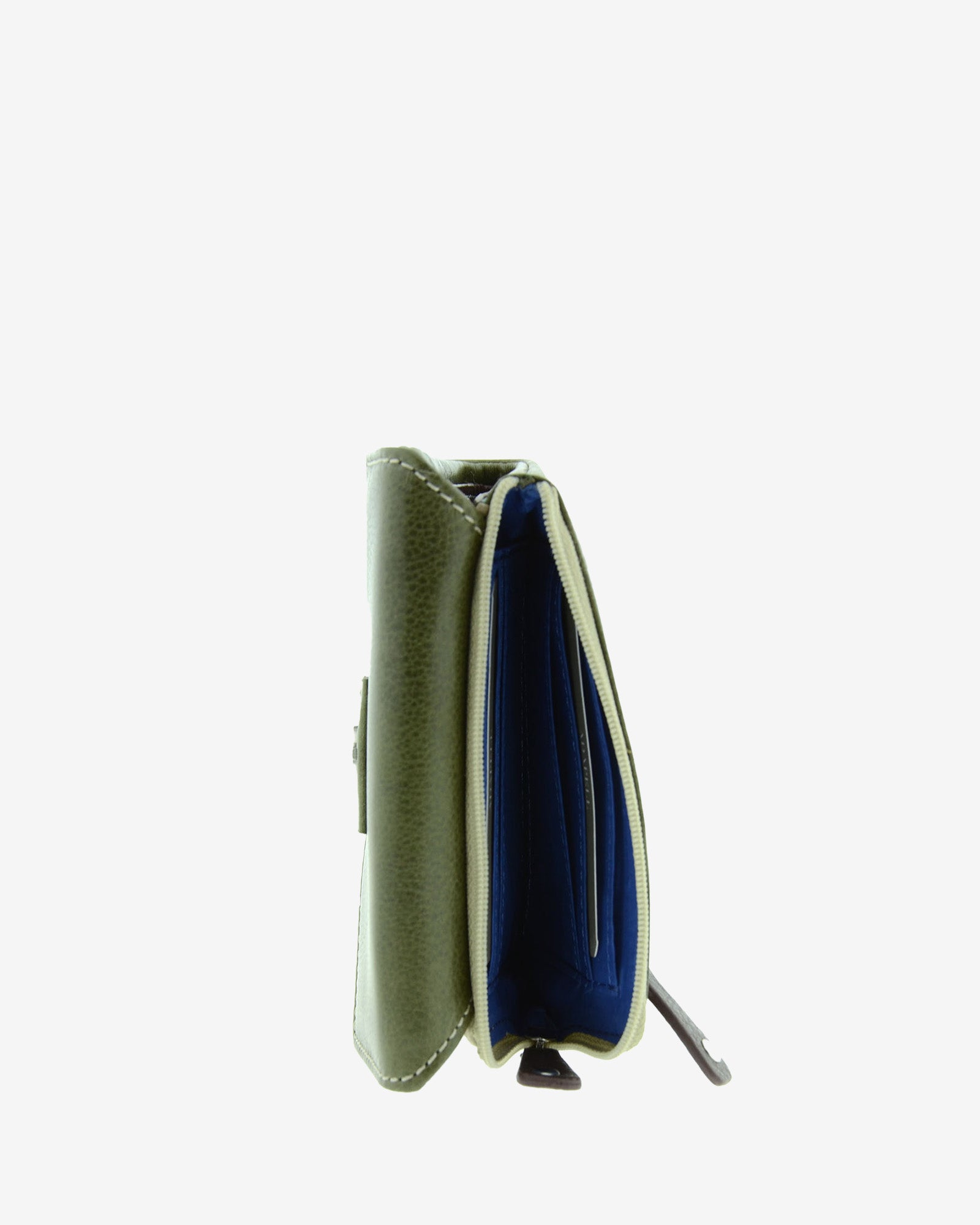 Cartera pequeña 4232 en color verde, monedero con cremallera abierto mostrando el interior