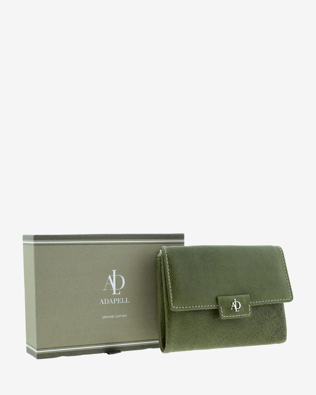 Cartera pequeña 4232 en color verde, vista frontal junto a caja Adapell
