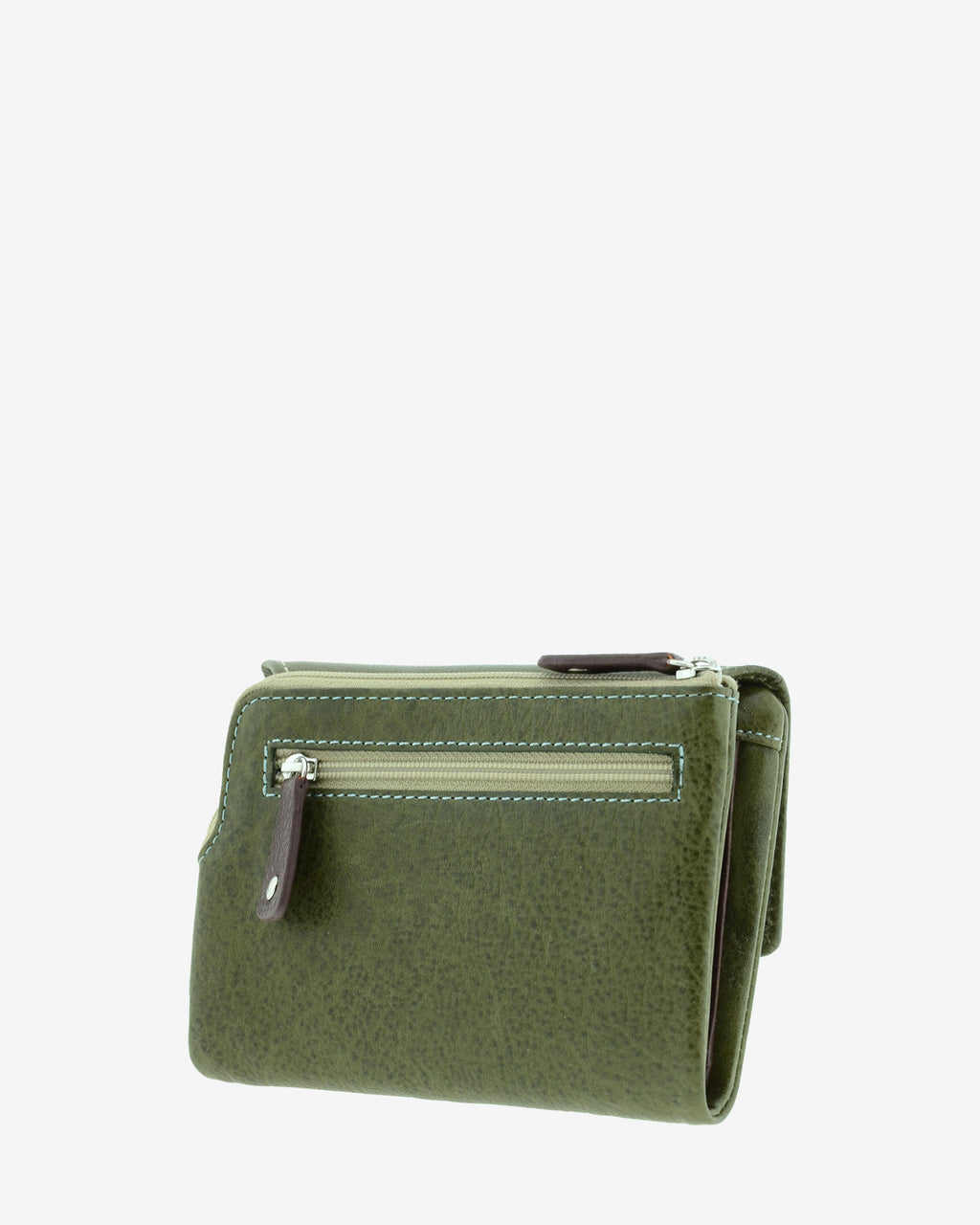 Cartera pequeña 4232 en color verde, vista tres cuartos posterior con bolsillo exterior de cremallera
