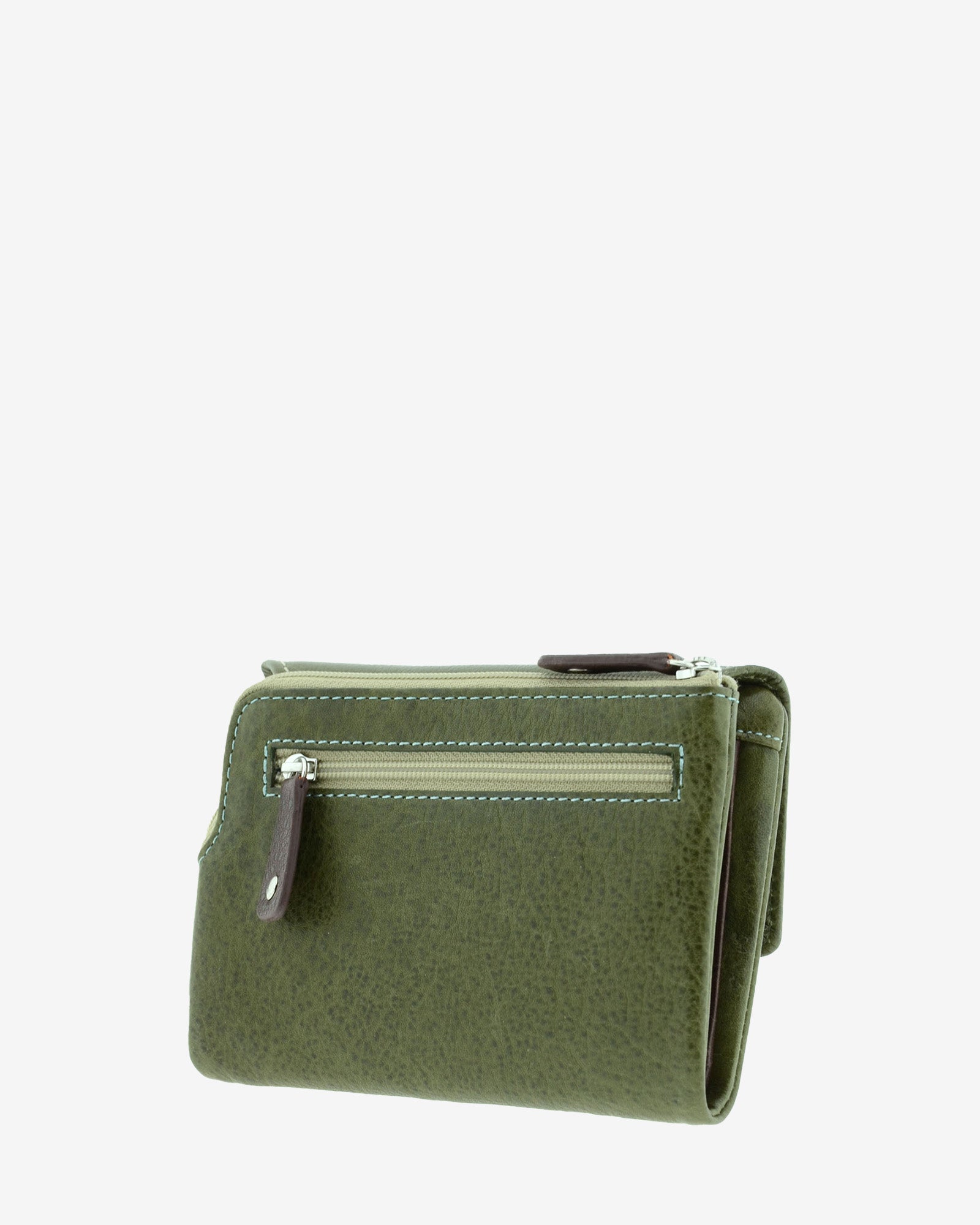 Cartera pequeña 4232 en color verde, vista tres cuartos posterior con bolsillo exterior de cremallera