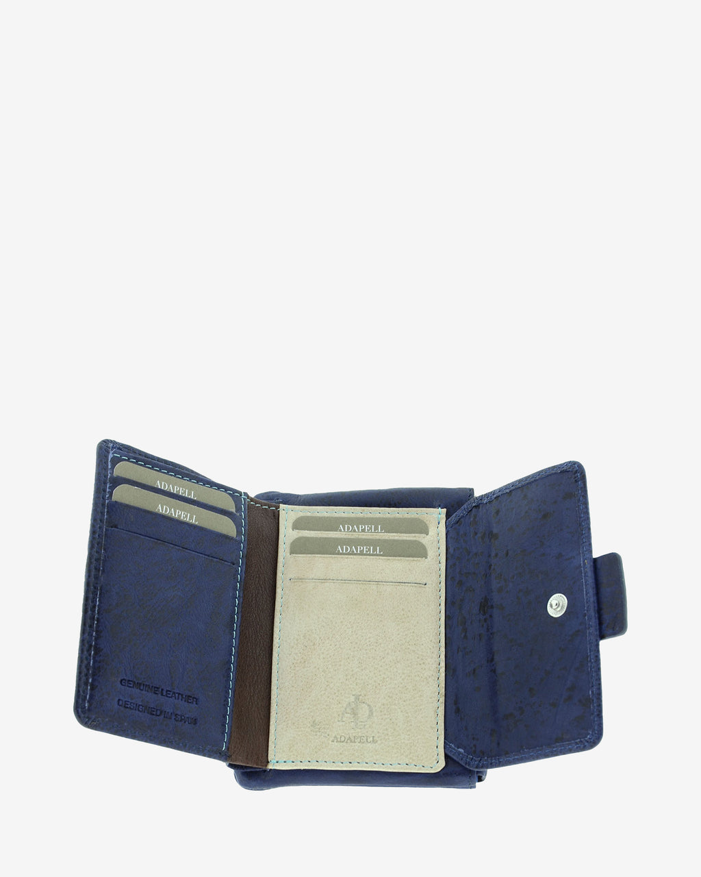 Cartera pequeña 4233 en color marino, interior abierto con ranuras para tarjetas y solapa con botón a presión