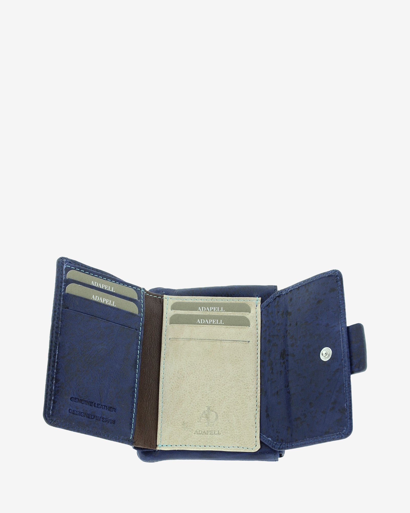 Cartera pequeña 4233 en color marino, interior abierto con ranuras para tarjetas y solapa con botón a presión
