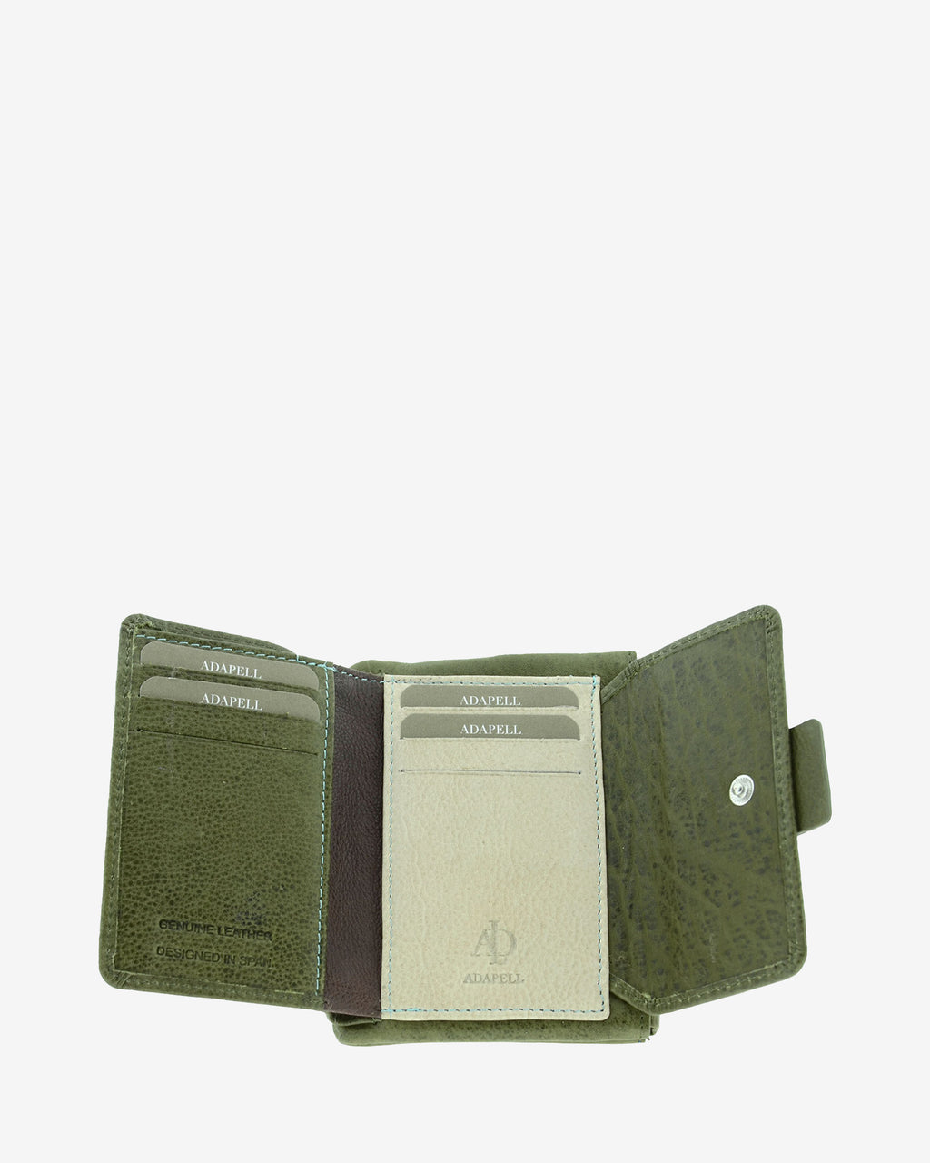 Cartera pequeña 4233 en color verde, interior abierto con ranuras para tarjetas y solapa con botón a presión
