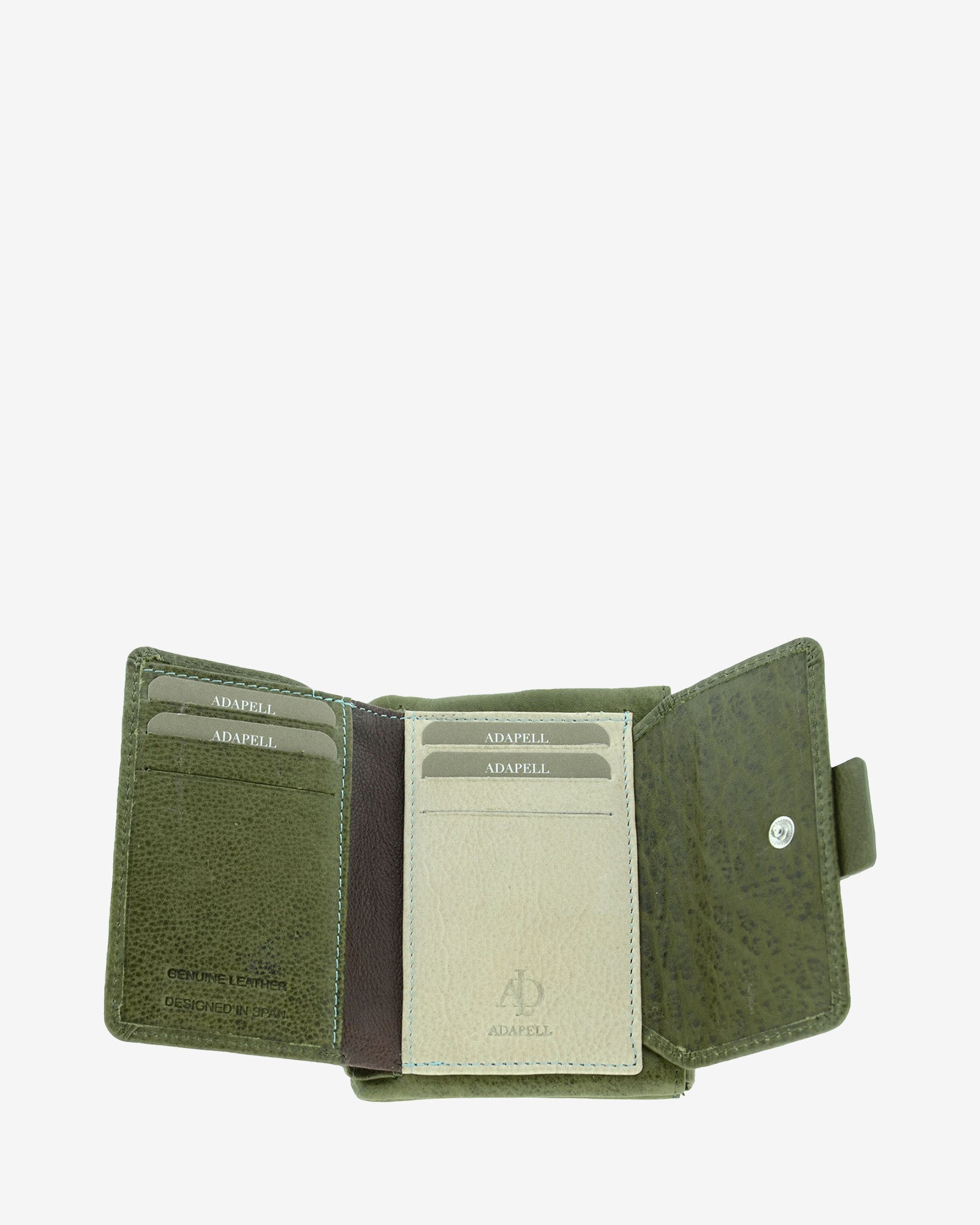 Cartera pequeña 4233 en color verde, interior abierto con ranuras para tarjetas y solapa con botón a presión