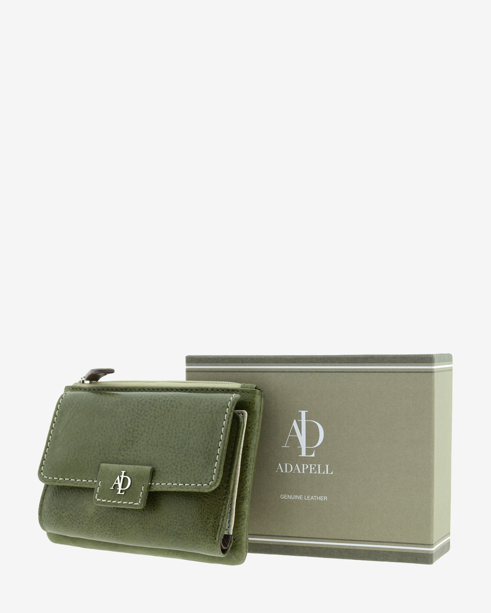 Cartera pequeña 4233 en color verde, vista frontal junto a caja Adapell