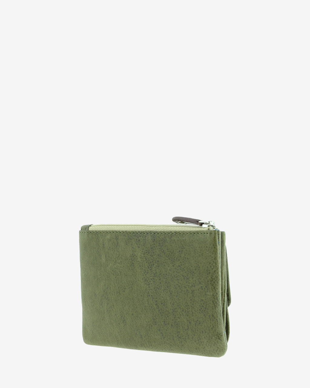 Cartera pequeña 4233 en color verde, vista tres cuartos posterior mostrando el exterior y la cremallera superior