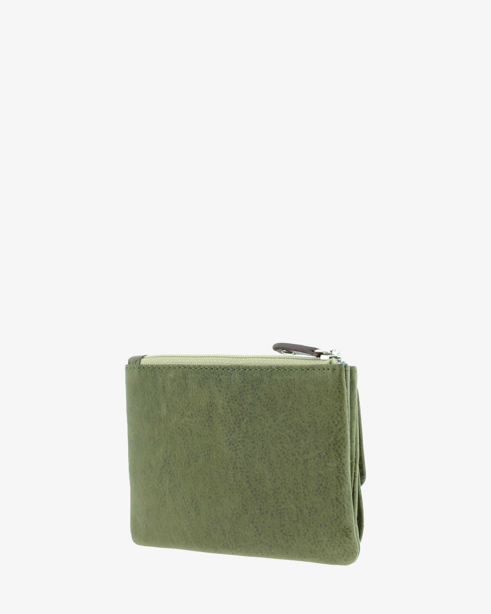 Cartera pequeña 4233 en color verde, vista tres cuartos posterior mostrando el exterior y la cremallera superior