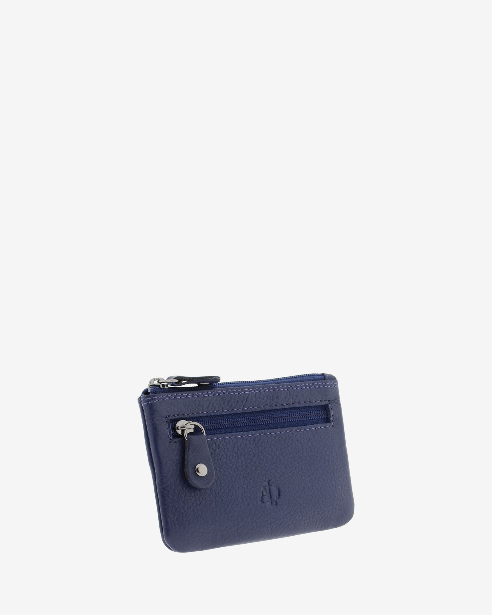 Monedero pequeño 8010 en color azul marino, vista tres cuartos frontal con bolsillo exterior de cremallera.