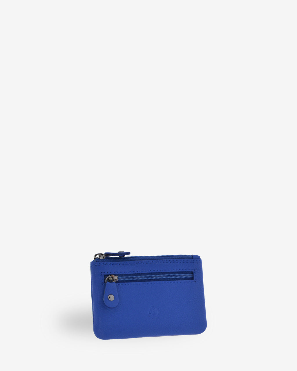 Monedero pequeño 8010 en color cobalto, vista tres cuartos frontal con bolsillo exterior de cremallera.