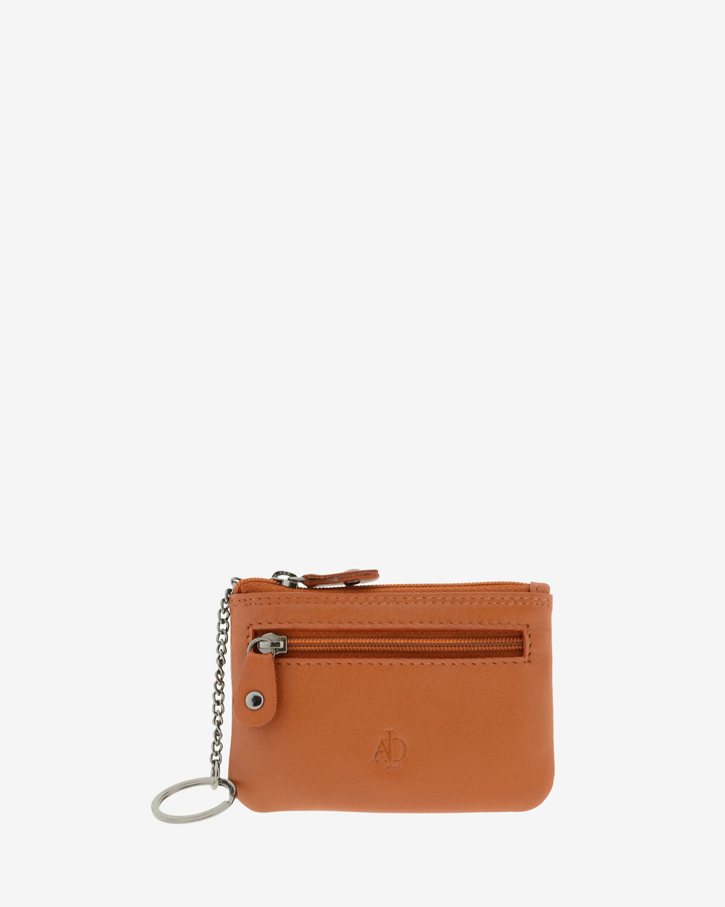 Monedero pequeño 8010 en color cuero, vista frontal con anilla para llaves y bolsillo exterior de cremallera.