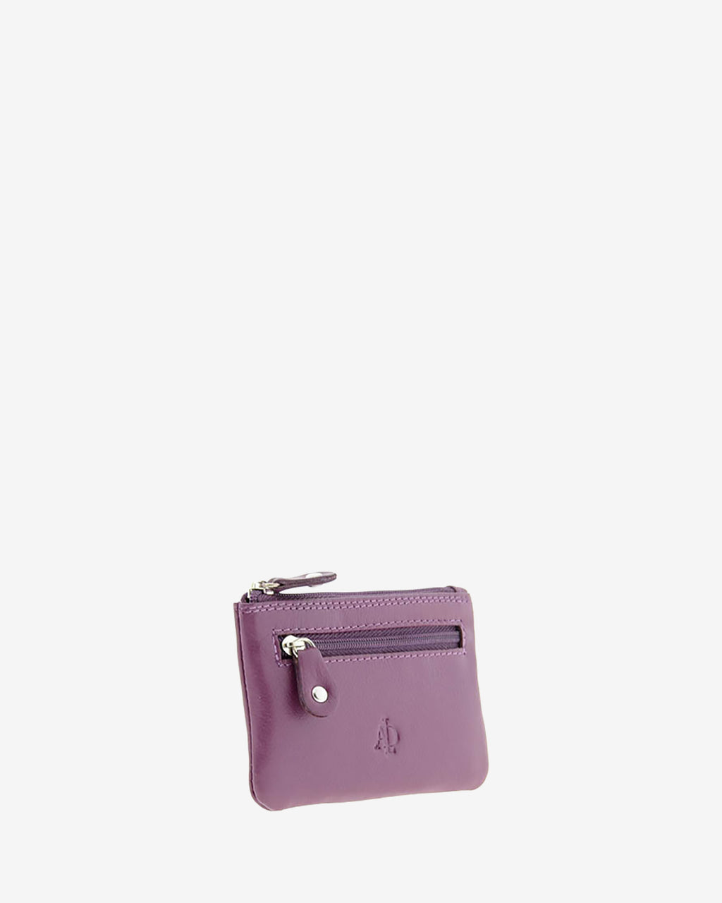 Monedero pequeño 8010 en color lila, vista tres cuartos frontal con bolsillo exterior de cremallera.