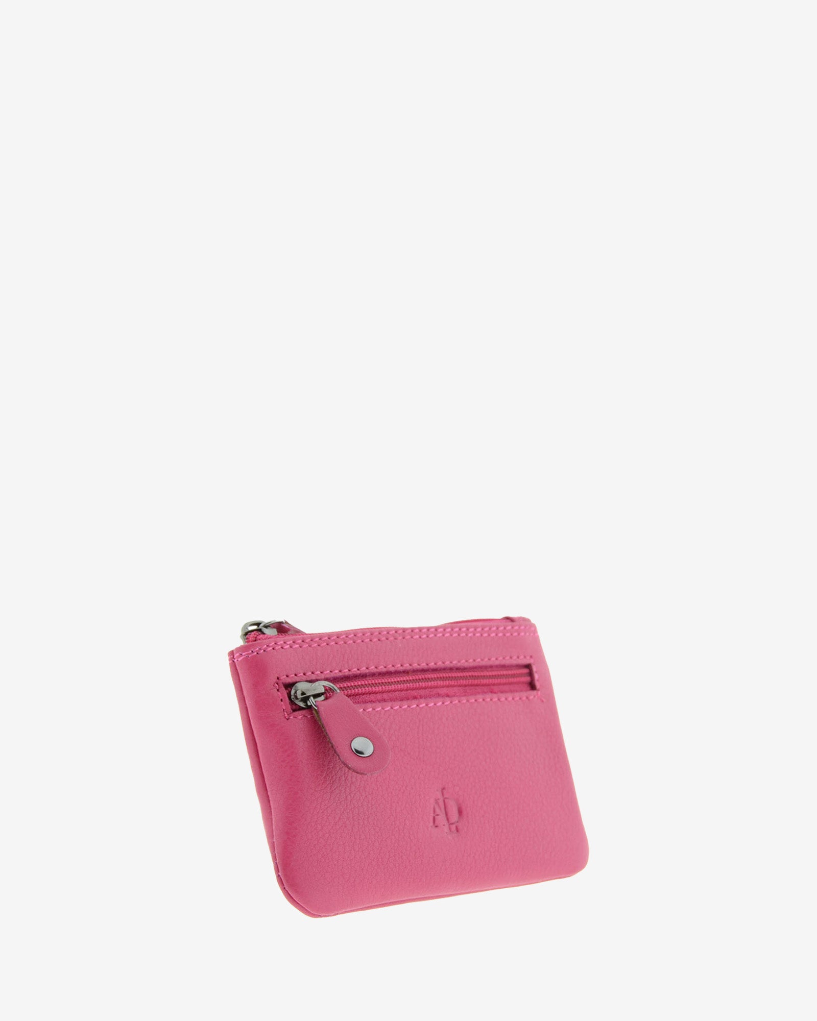 Monedero pequeño 8010 en color magenta, vista tres cuartos frontal con bolsillo exterior de cremallera.
