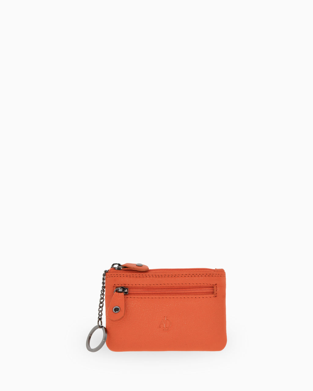 Monedero pequeño 8010 en color mandarina, vista frontal con anilla para llaves y bolsillo exterior de cremallera.