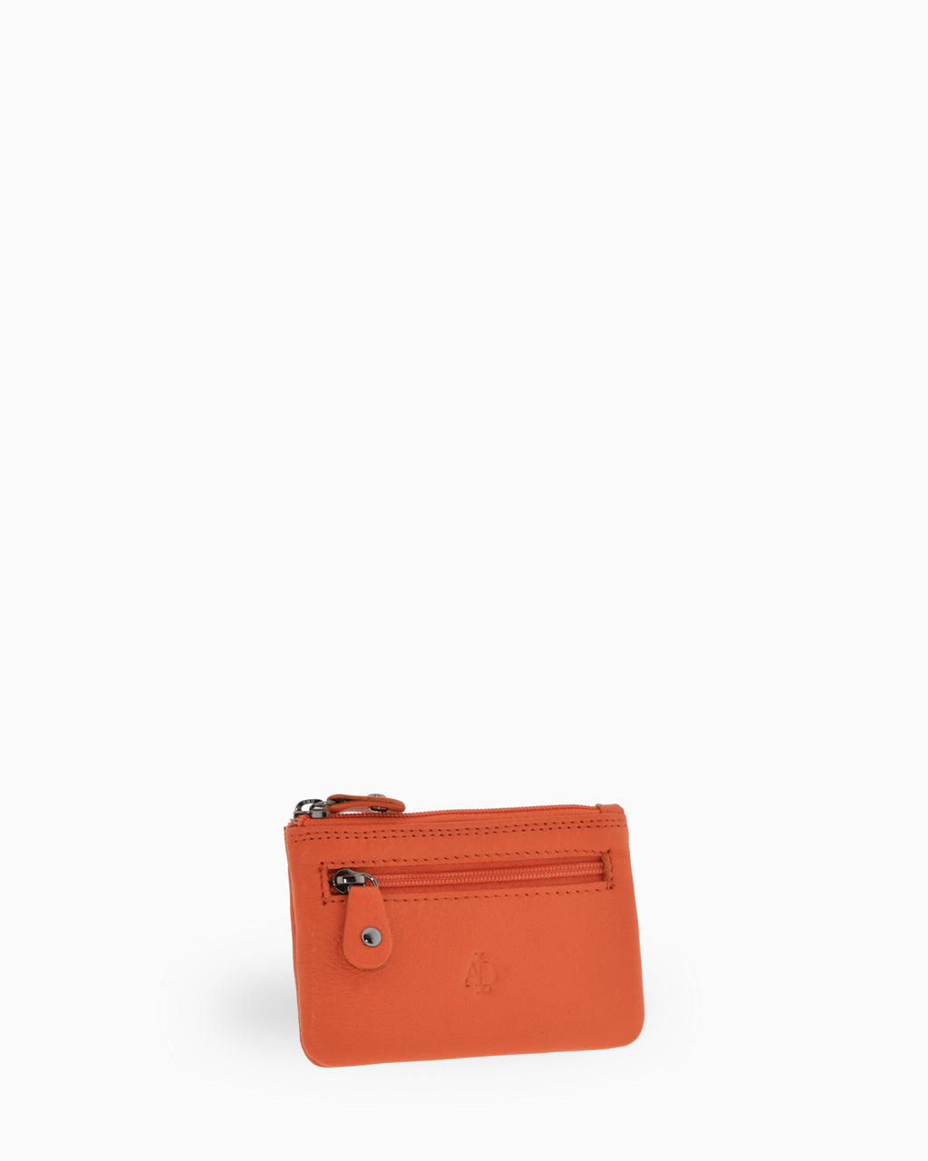 Monedero pequeño 8010 en color mandarina, vista tres cuartos frontal con bolsillo exterior de cremallera.