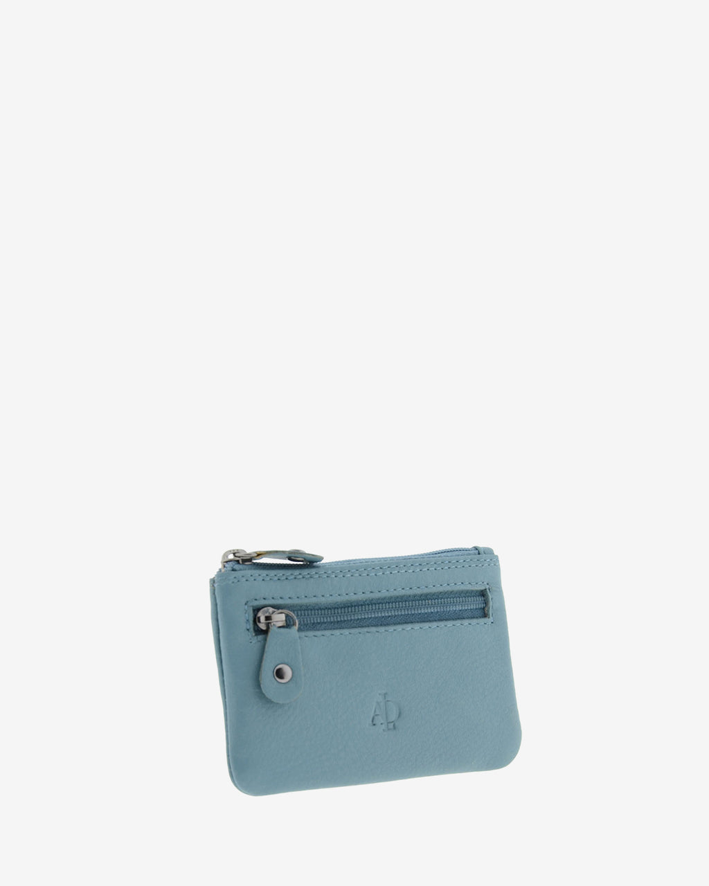 Monedero pequeño 8010 en color Mar, vista tres cuartos frontal con bolsillo exterior de cremallera.